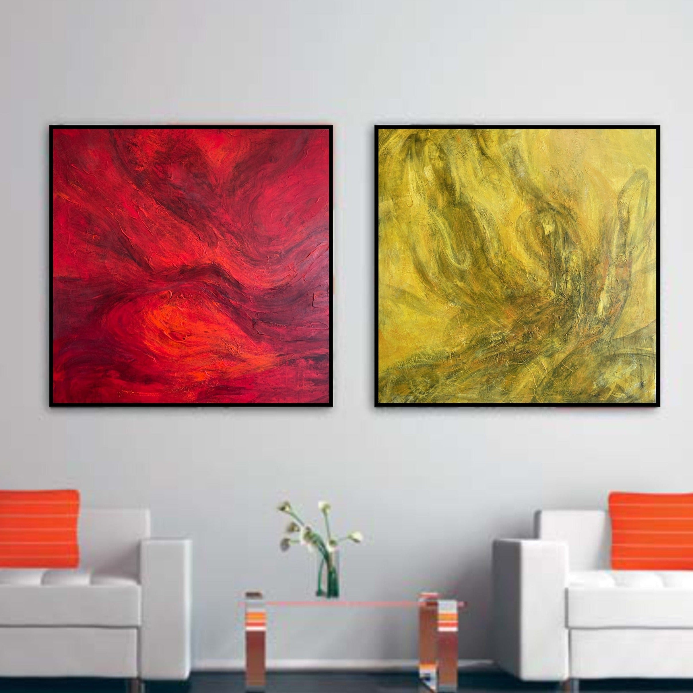 Vibrant bold abstract diptych paintings COLORED ABYSS