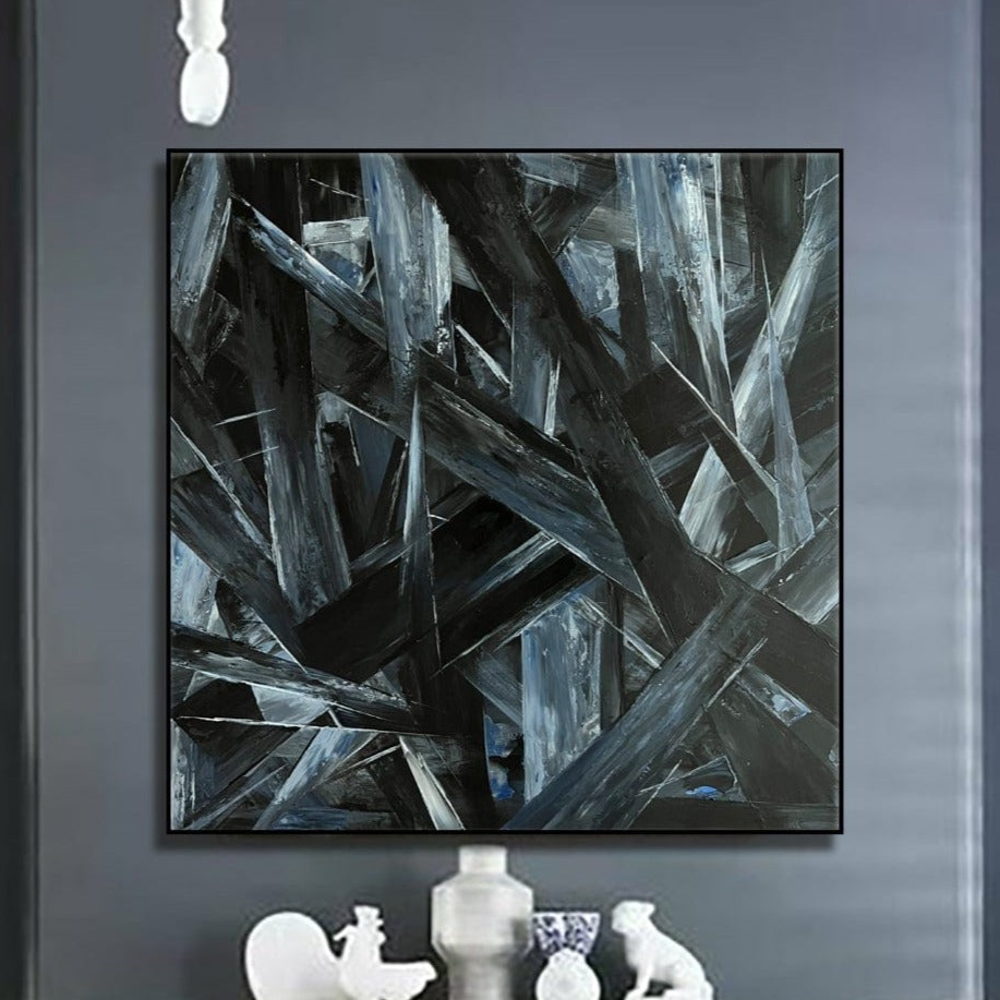 Dynamic textured modern painting BLACK CRYSTALS Unstretched
