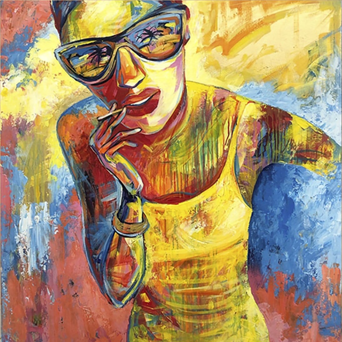 Original woman portrait painting SMOKING ON THE BEACH