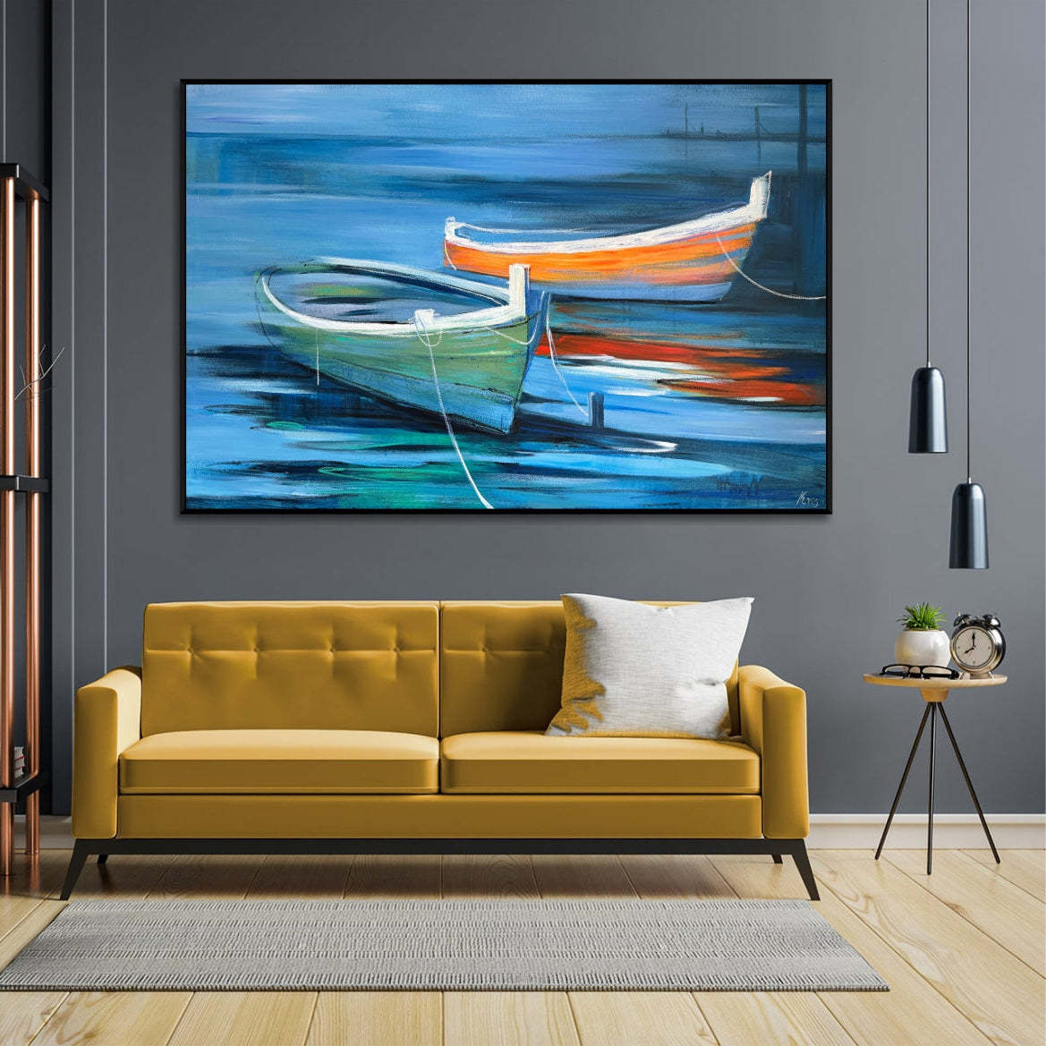 Dynamic brushstroke textured art TRANQUIL BOATS ON BLUE WATERS
