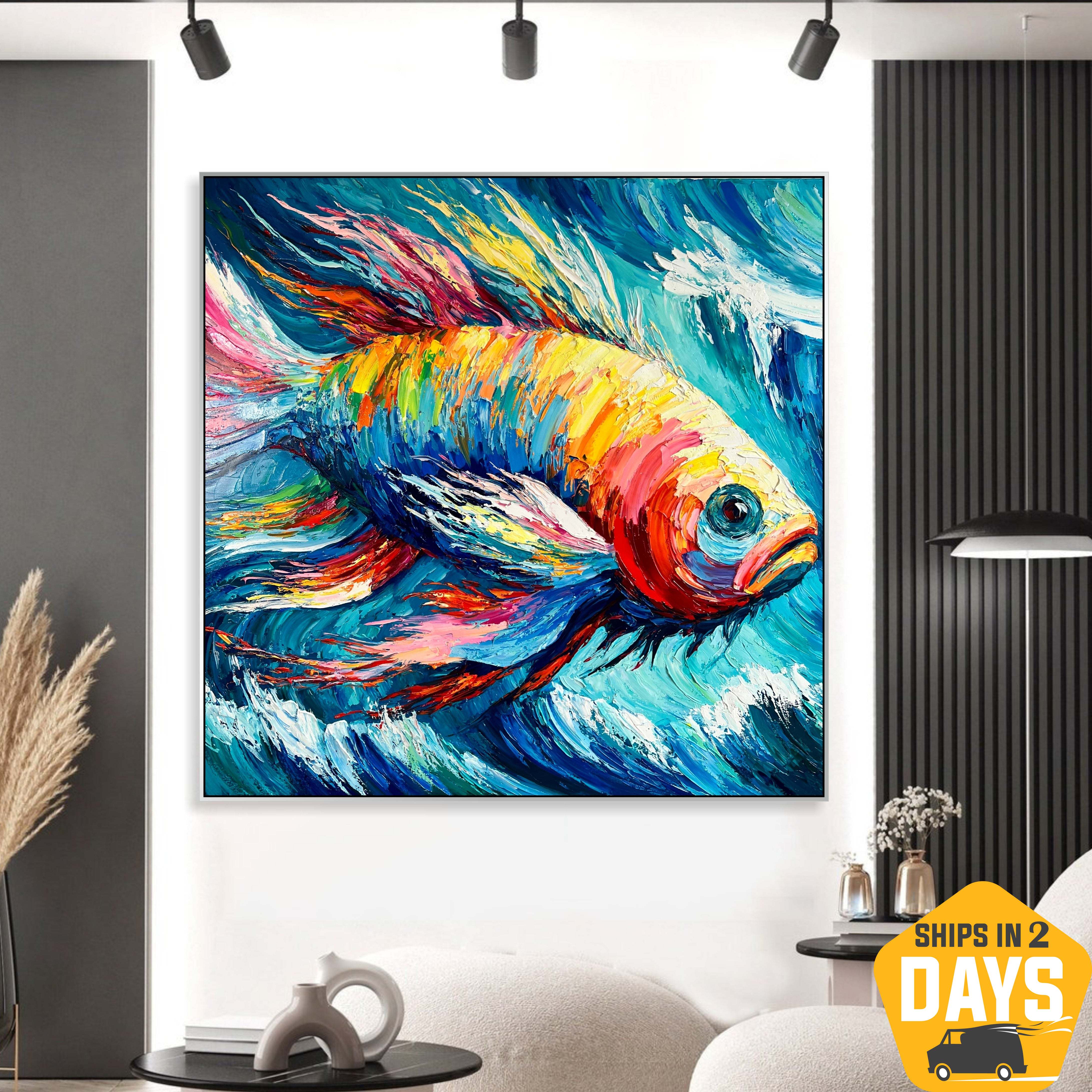 Colorful Fish Large Acrylic Abstract Painting Texture Wall Art Modern