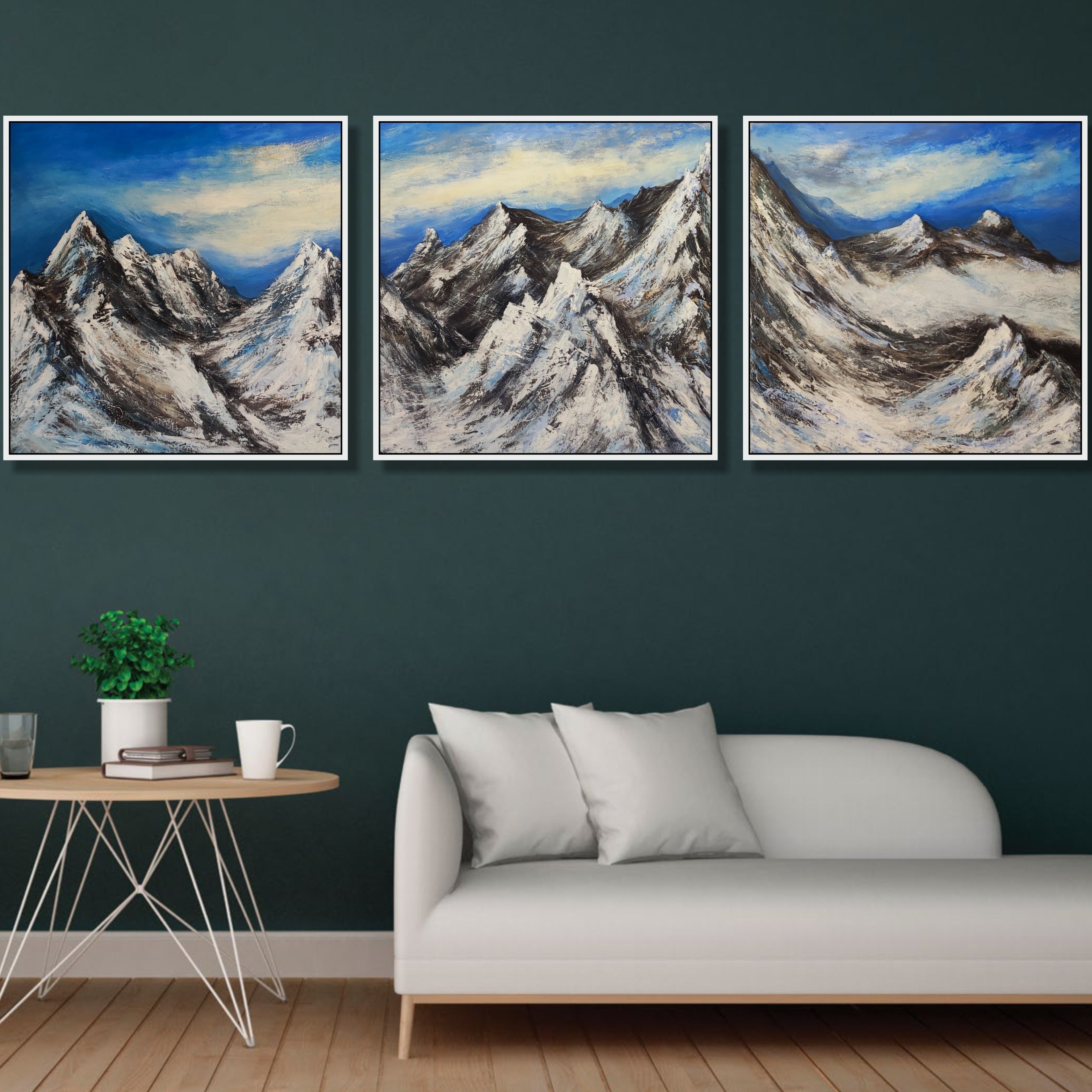 Large abstract set of 3 paintings SNOWY SUMMITS