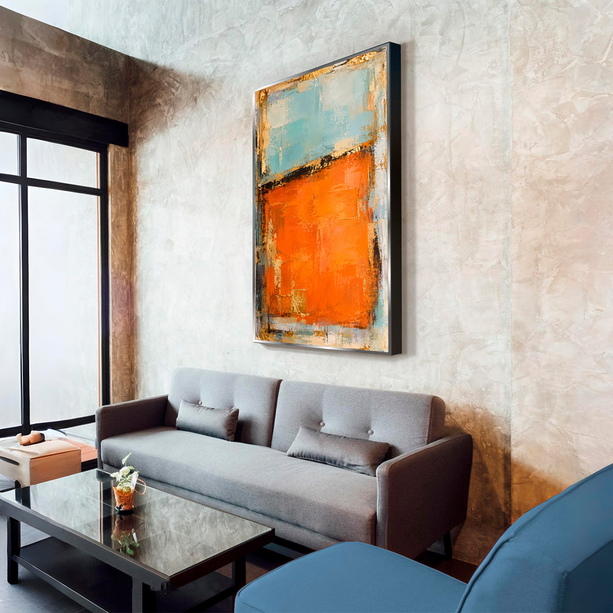 URBAN AUTUMN – Orange Gold Aqua Blue Textured Abstract Painting, Hand-Painted Original