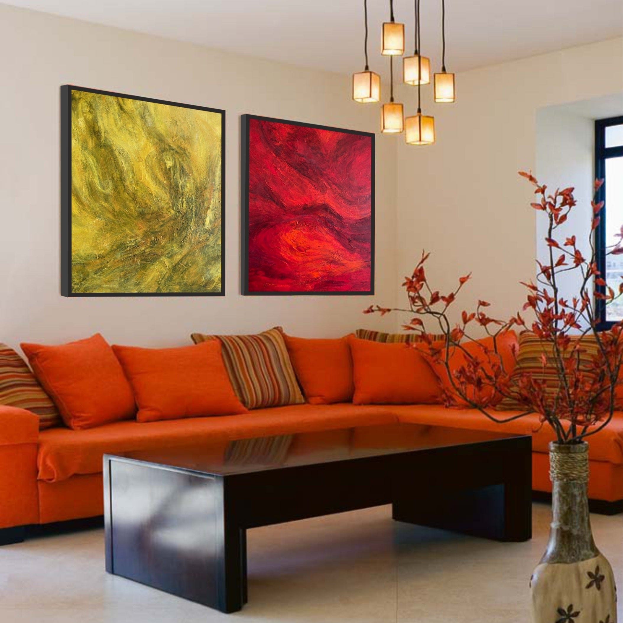 Vibrant bold abstract diptych paintings COLORED ABYSS