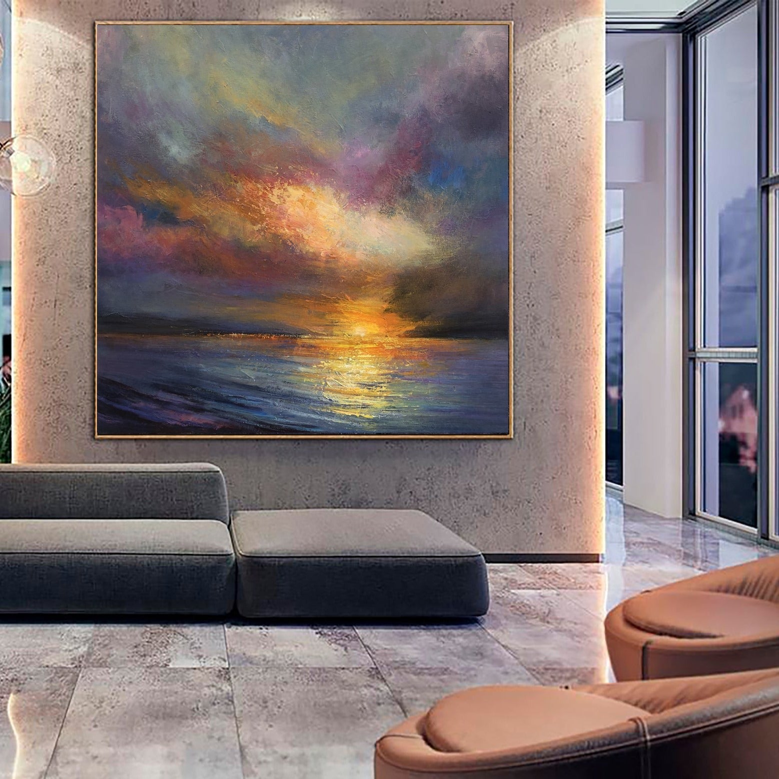 Abstract painting acrylic modern SUNSET OVER THE OCEAN