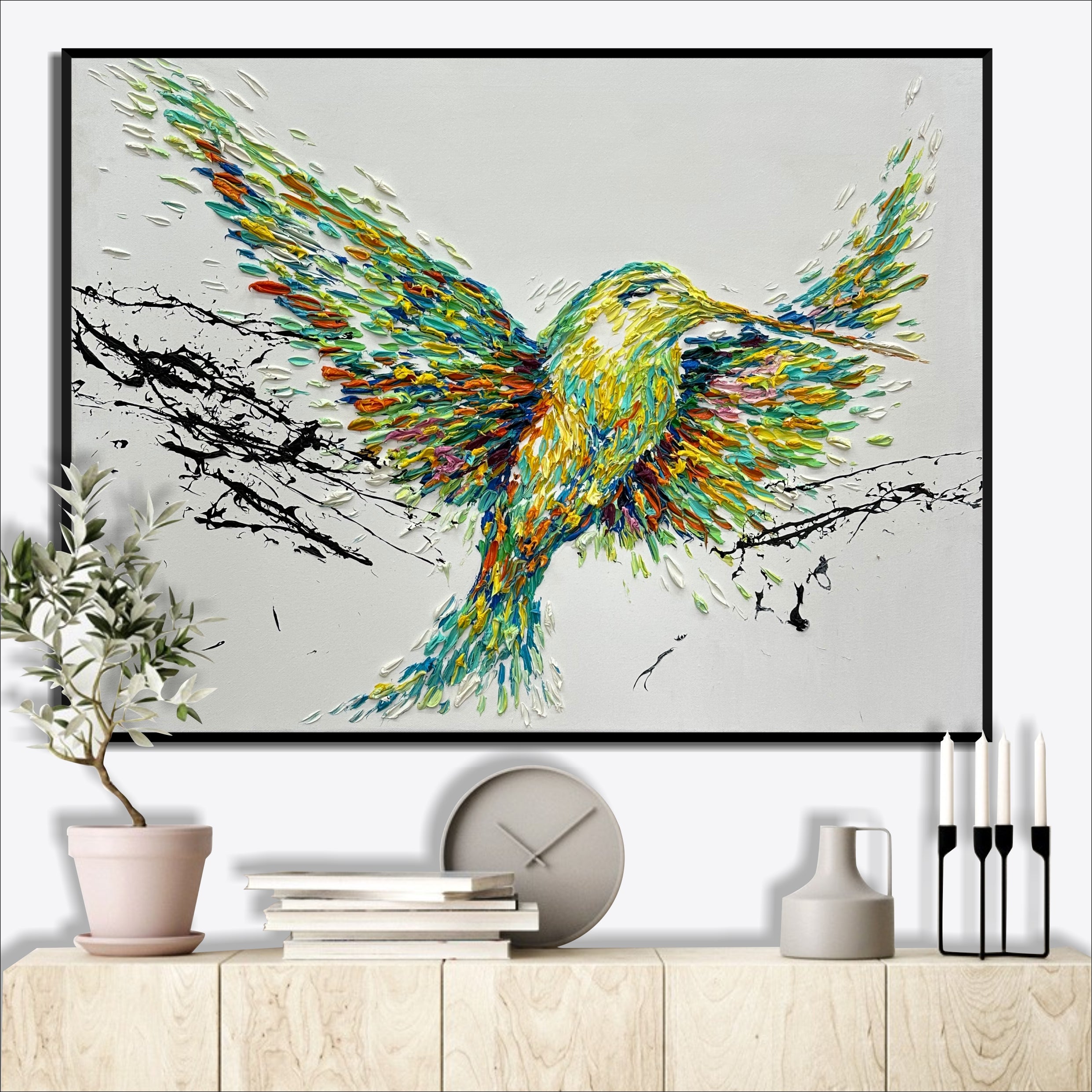 Abstract tree and bird paintings SPRING HUMMINGBIRD