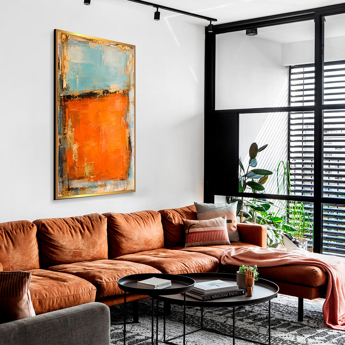 URBAN AUTUMN – Orange Gold Aqua Blue Textured Abstract Painting, Hand-Painted Original