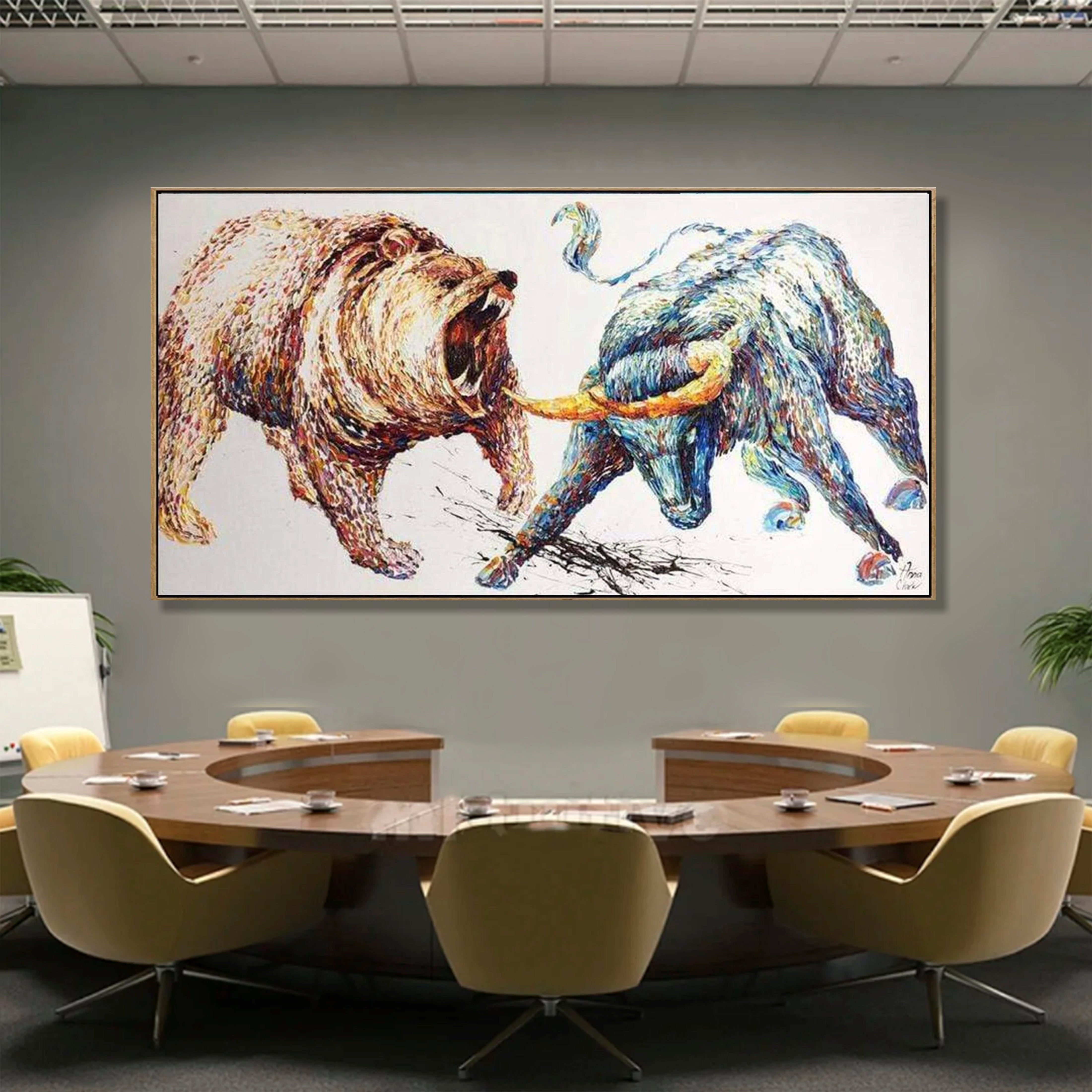 Palette Knife Animal Painting BULL VS BEAR