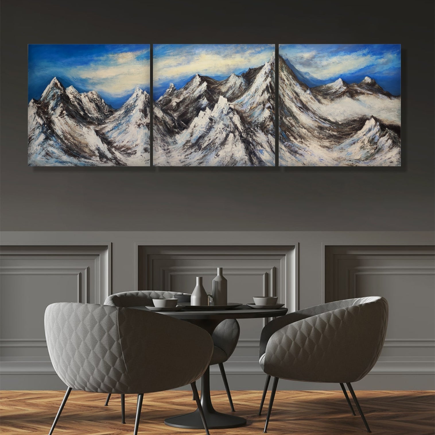 Large abstract set of 3 paintings SNOWY SUMMITS