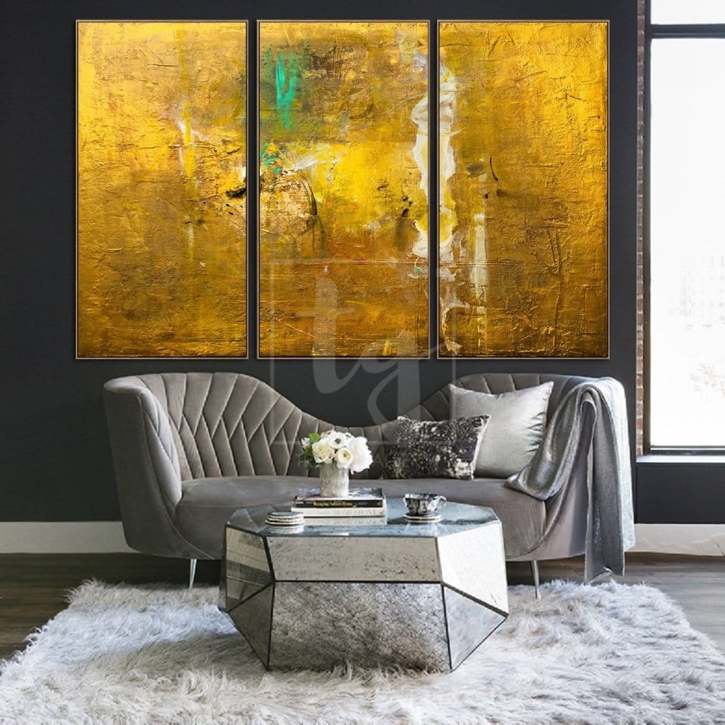 Original abstract textured tryplich art GOLD RUSH