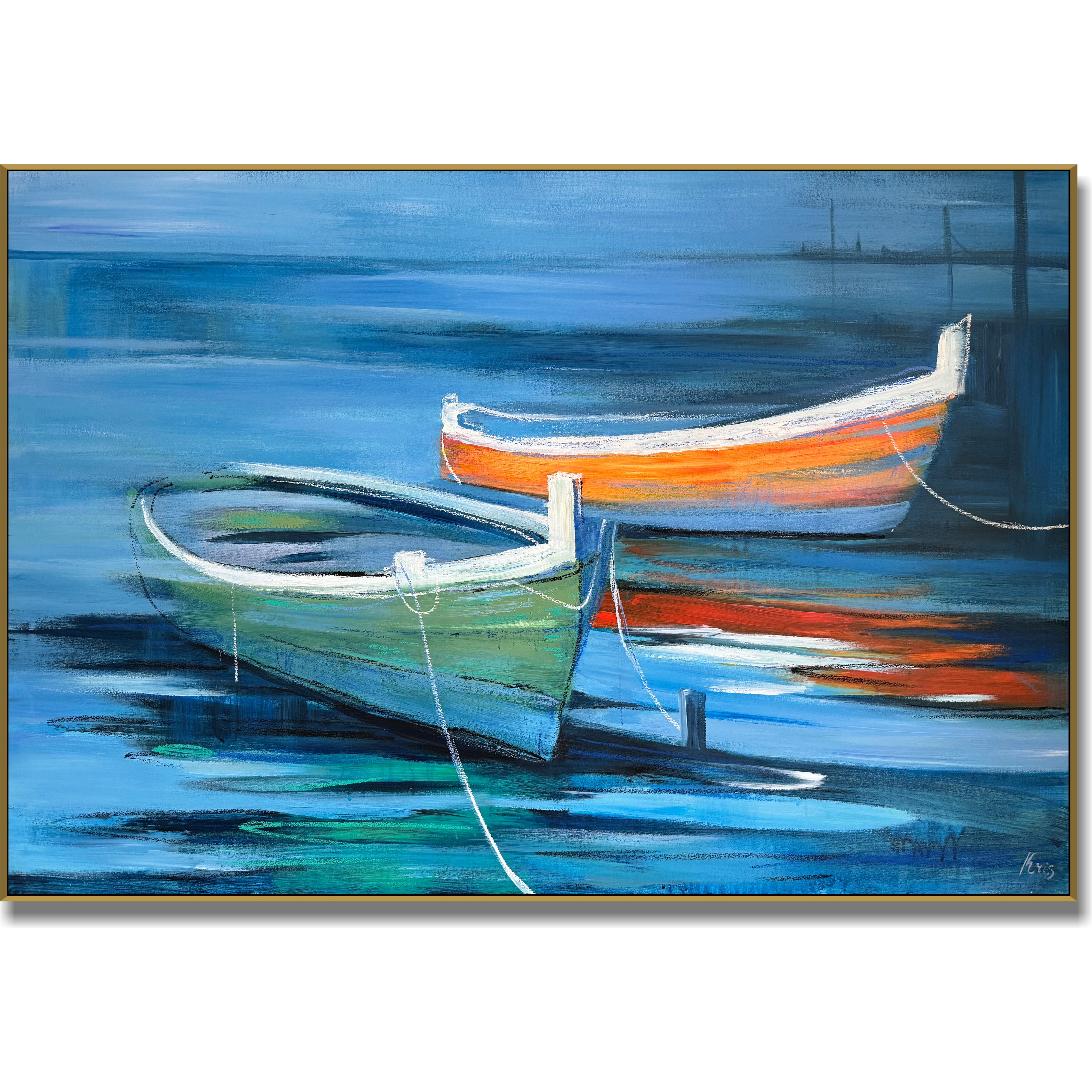 Dynamic brushstroke textured art TRANQUIL BOATS ON BLUE WATERS