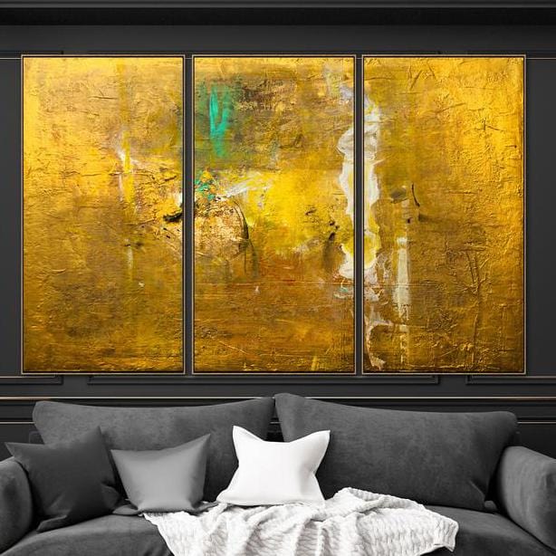 Original abstract textured tryplich art GOLD RUSH