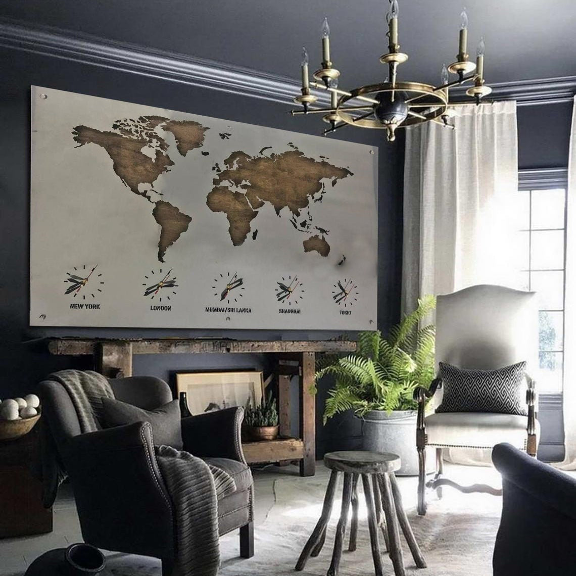 WORLD MAP WITH CLOCKS 25.2"x39"