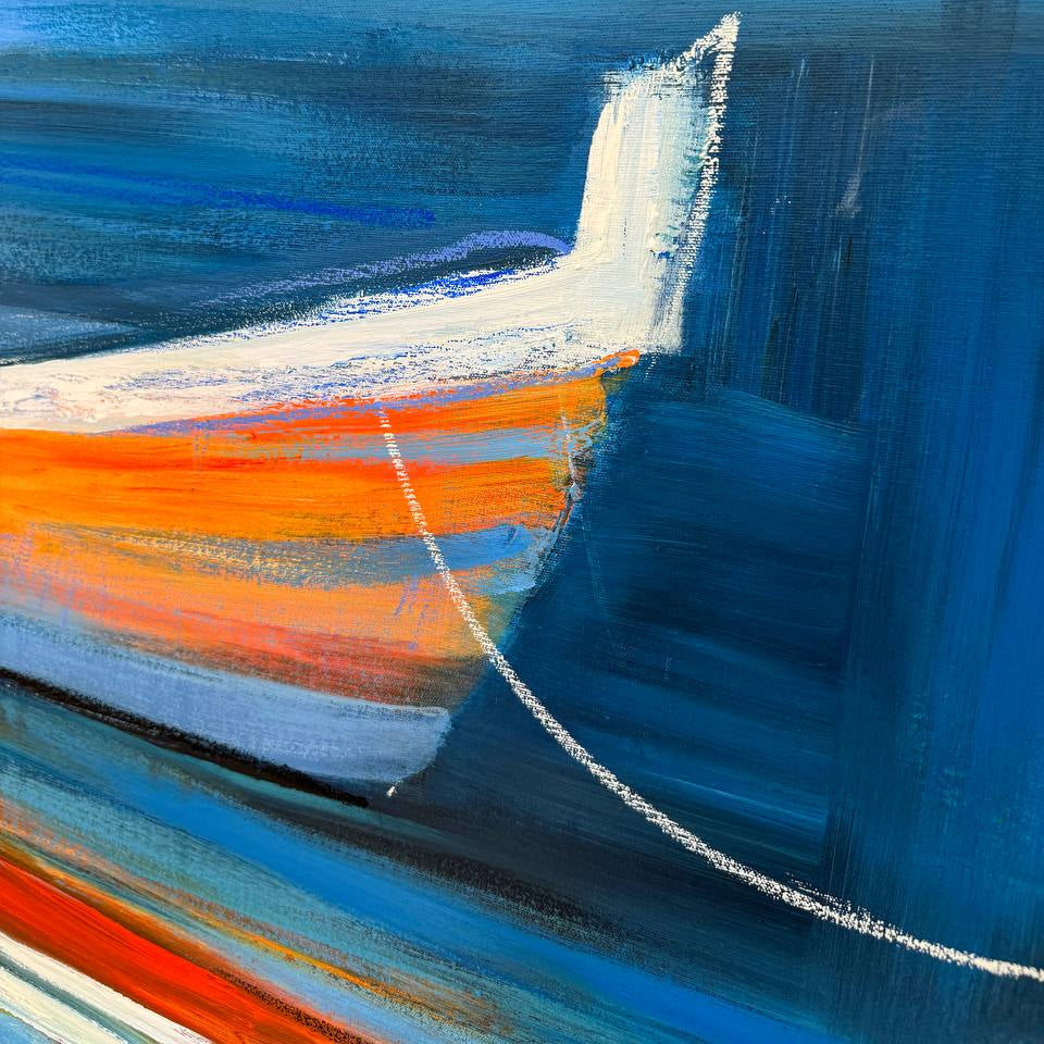 Dynamic brushstroke textured art TRANQUIL BOATS ON BLUE WATERS