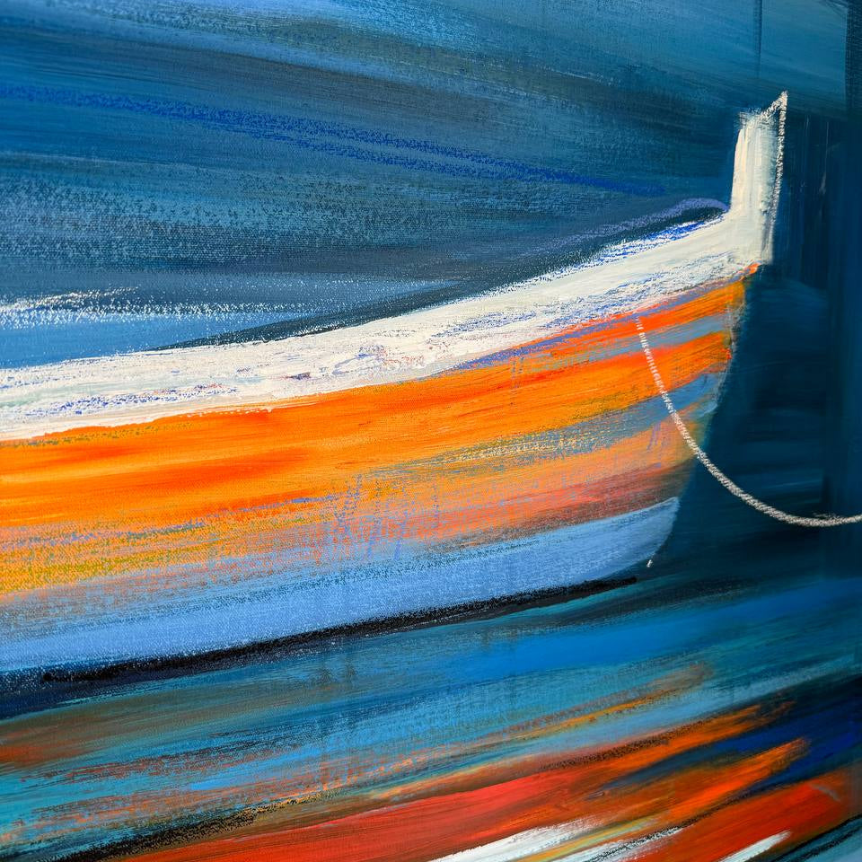 Dynamic brushstroke textured art TRANQUIL BOATS ON BLUE WATERS