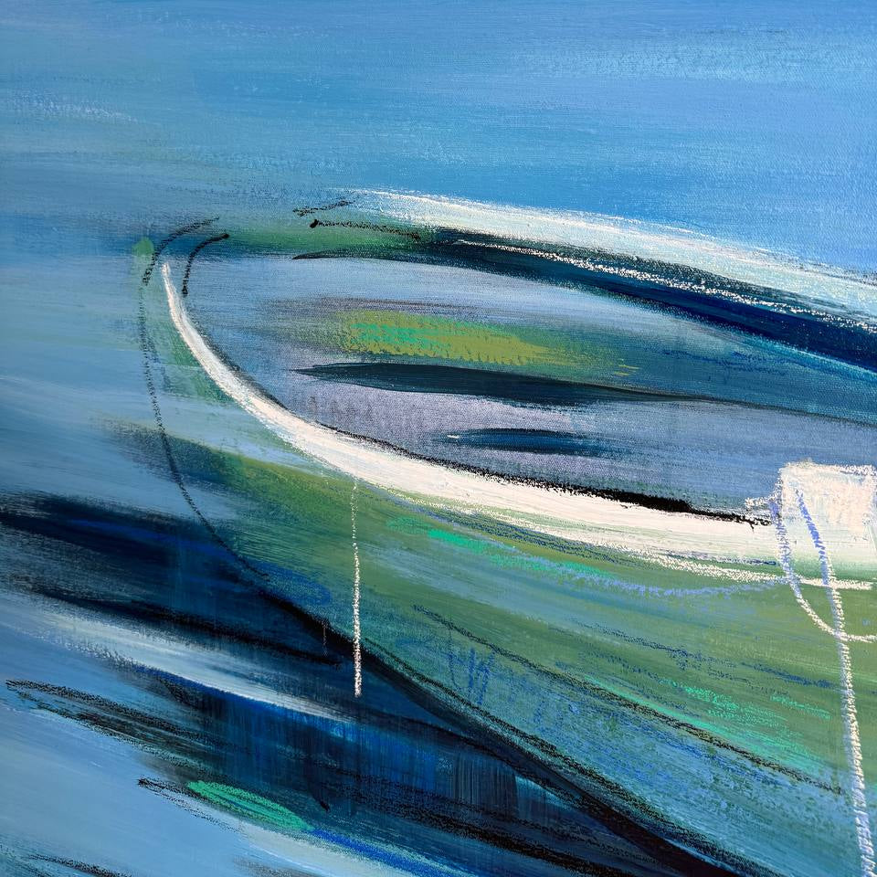 Dynamic brushstroke textured art TRANQUIL BOATS ON BLUE WATERS