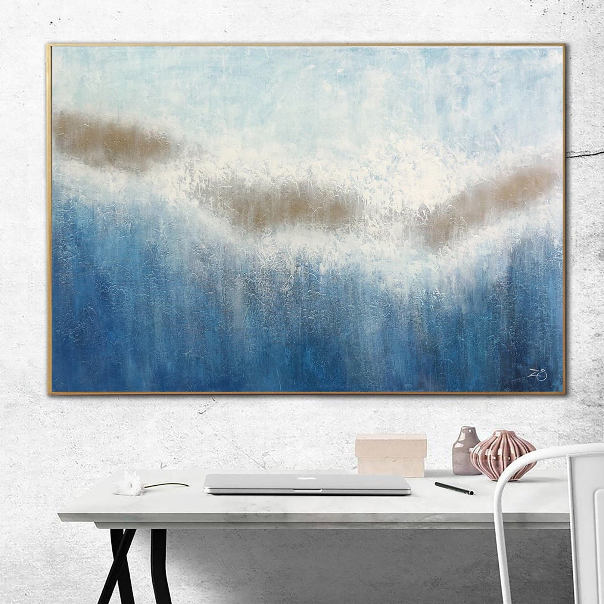 Large Painting on Canvas Original Wall Art White Painting Blue Painting  Contemporary Art Original Painting Canvas Abstract Room Decor 