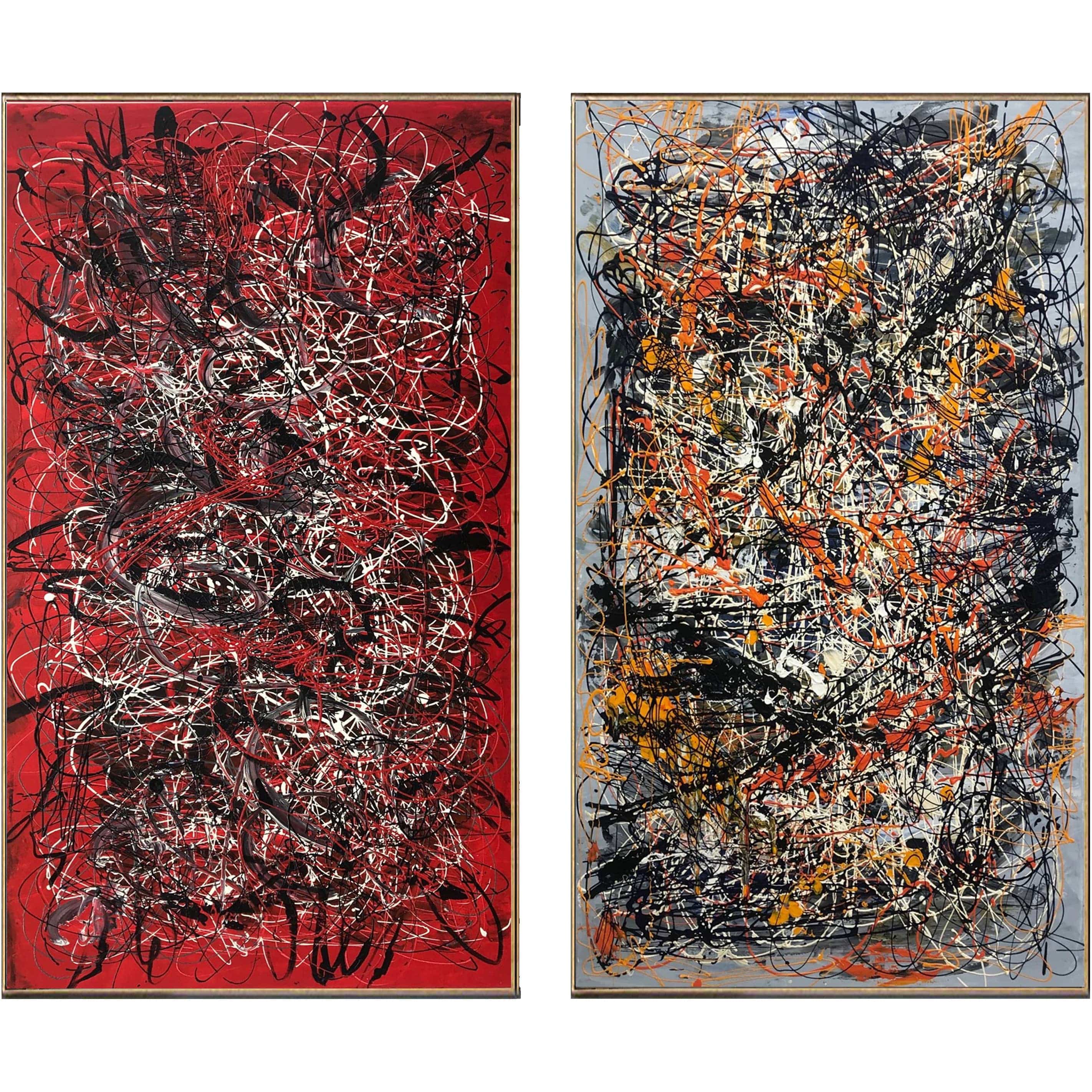 Abstract set of paintings on canvas SCARLET BLOSSOM 2P 36"x36" | 2P 91x91 cm
