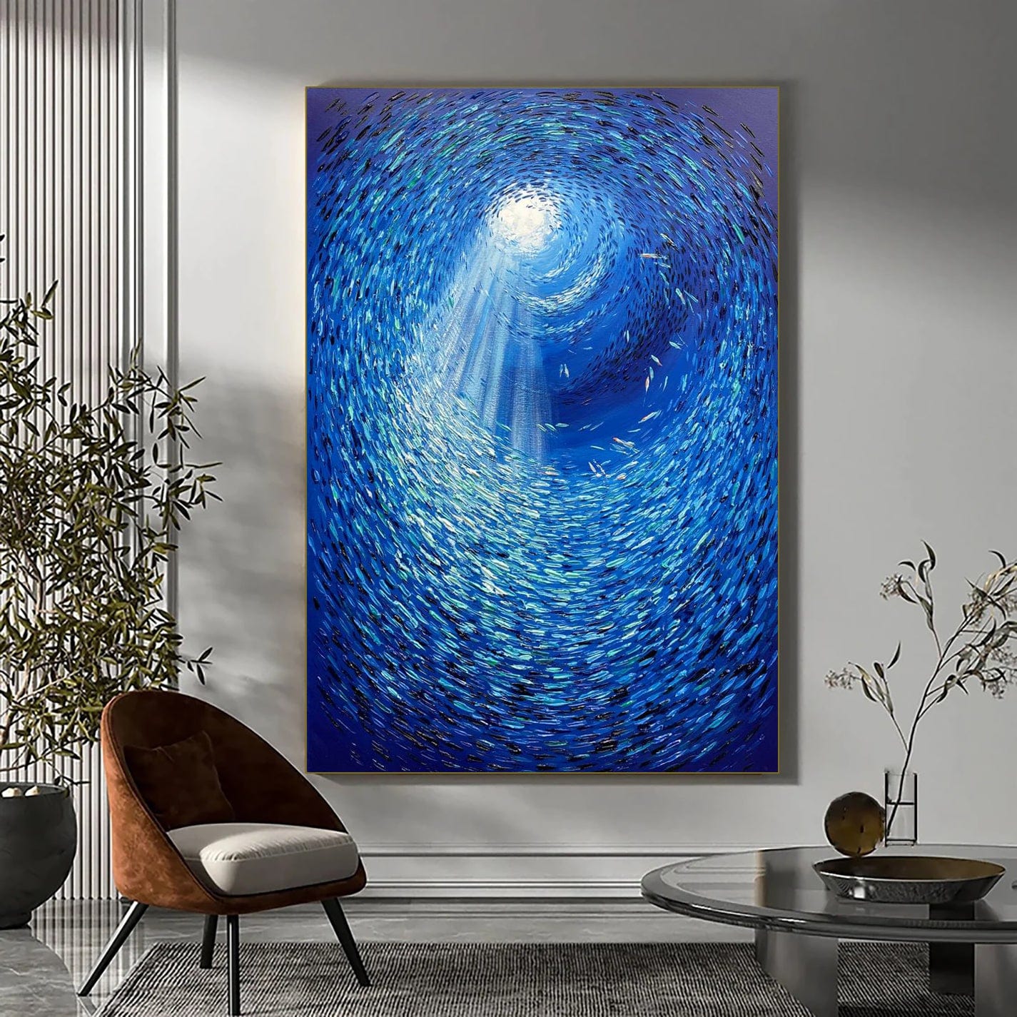 Abstract Fish Painting On Canvas Original Marine Artwork Blue Textured Wall  Art for Office Decor