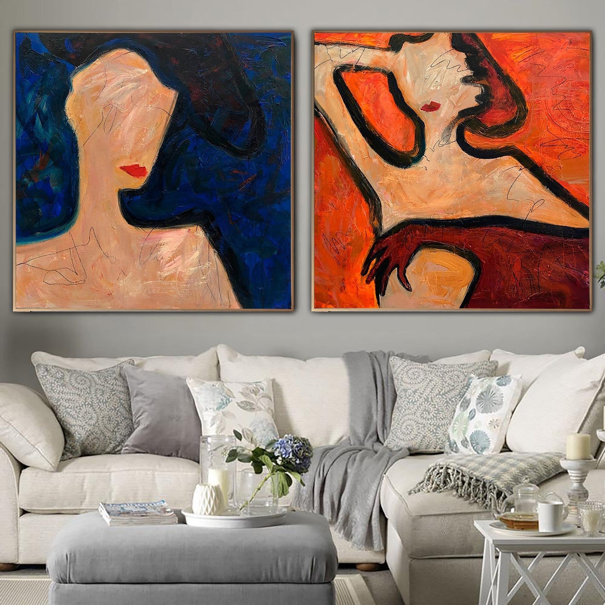 Modern vibrant expressive abstract art set WOMEN'S EVENING 2P 32"x64" | 2P 81x162 cm