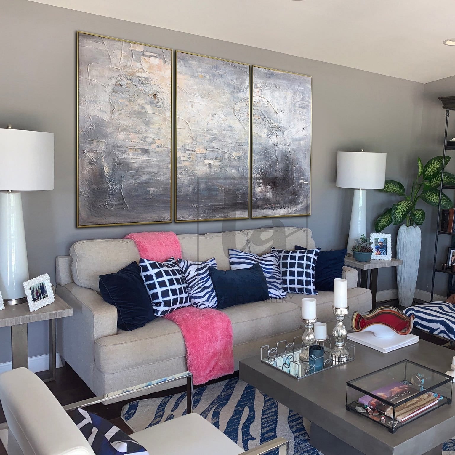 Large original set of 3 silver paintings SILVER REFLECTION