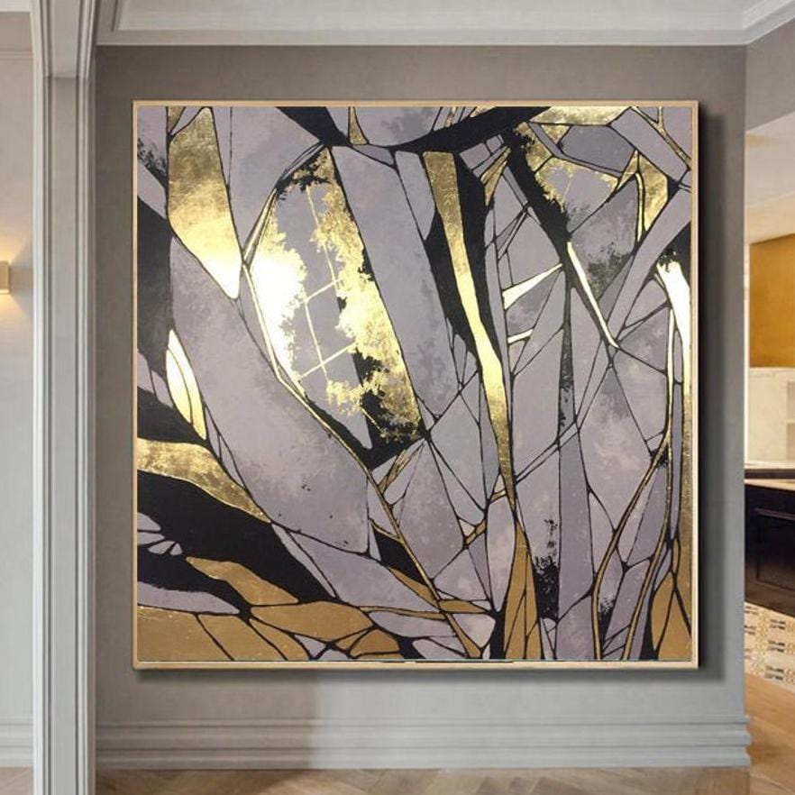 Original Large Gold Leaf Painting Gray Painting Texture Art Abstract A