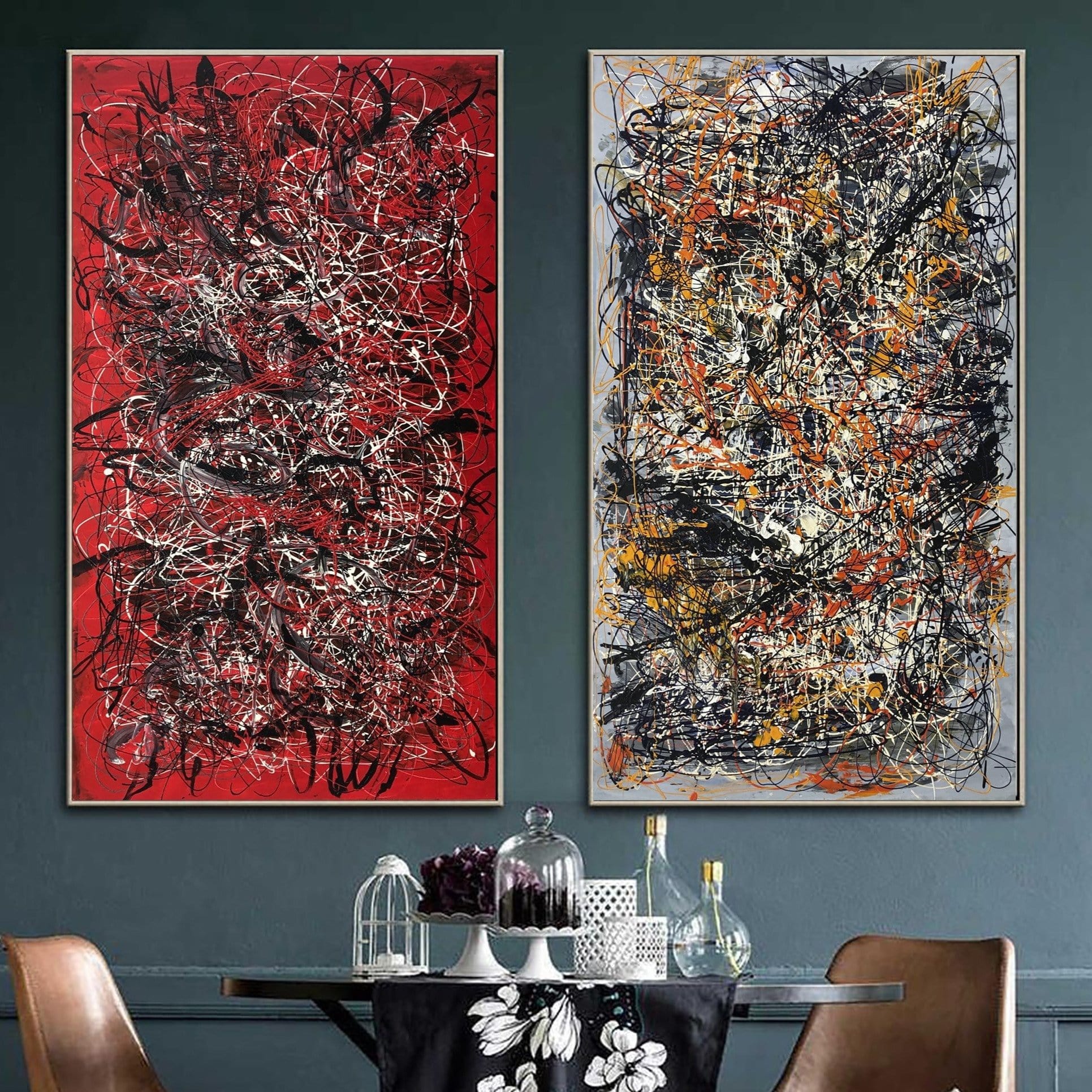 Abstract set of paintings on canvas SCARLET BLOSSOM