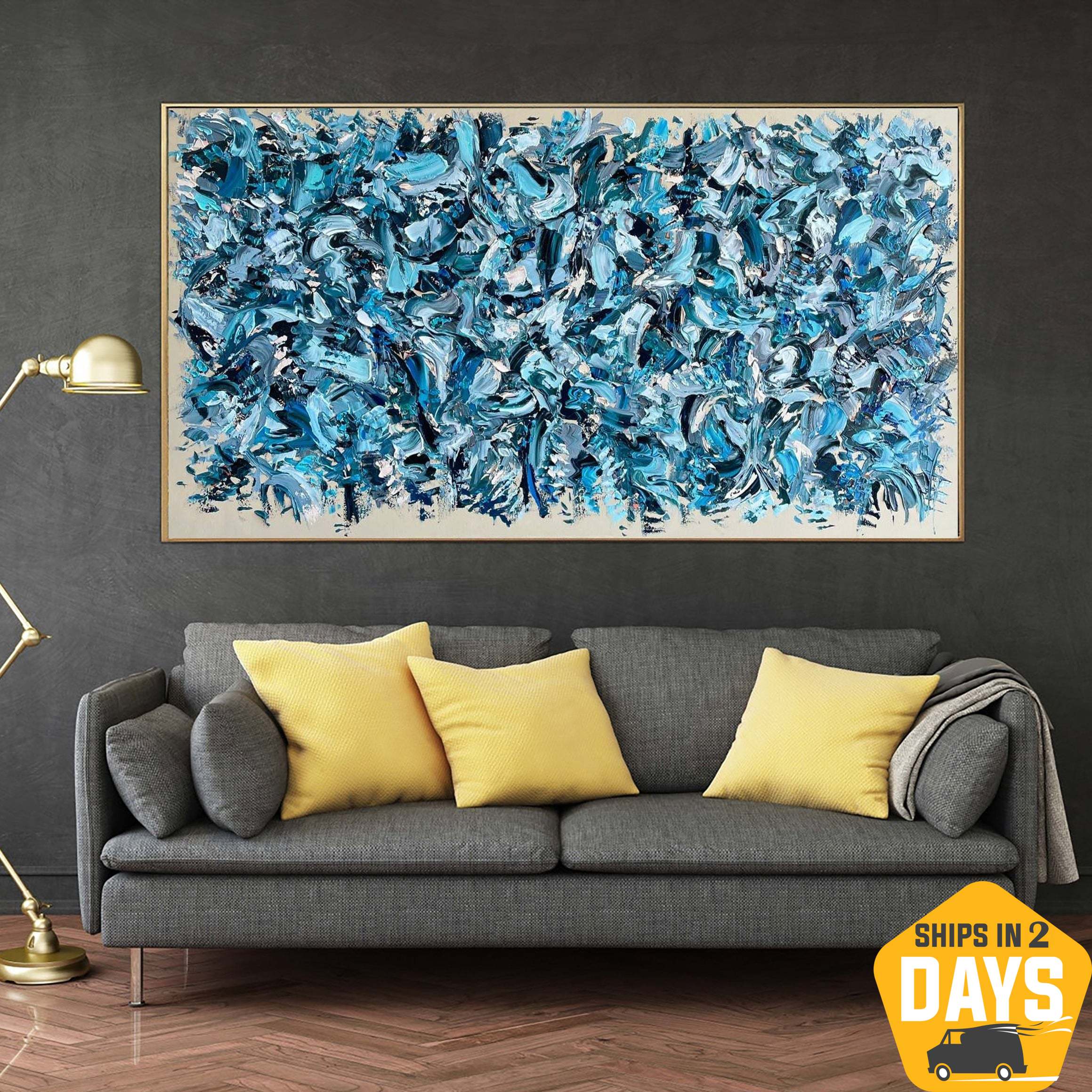Blue Painting Abstract Painting Acrylic Oil Textured Impasto Canvas Wall  Home Office Interior Decor Palette Knife White Blue Art Visi 