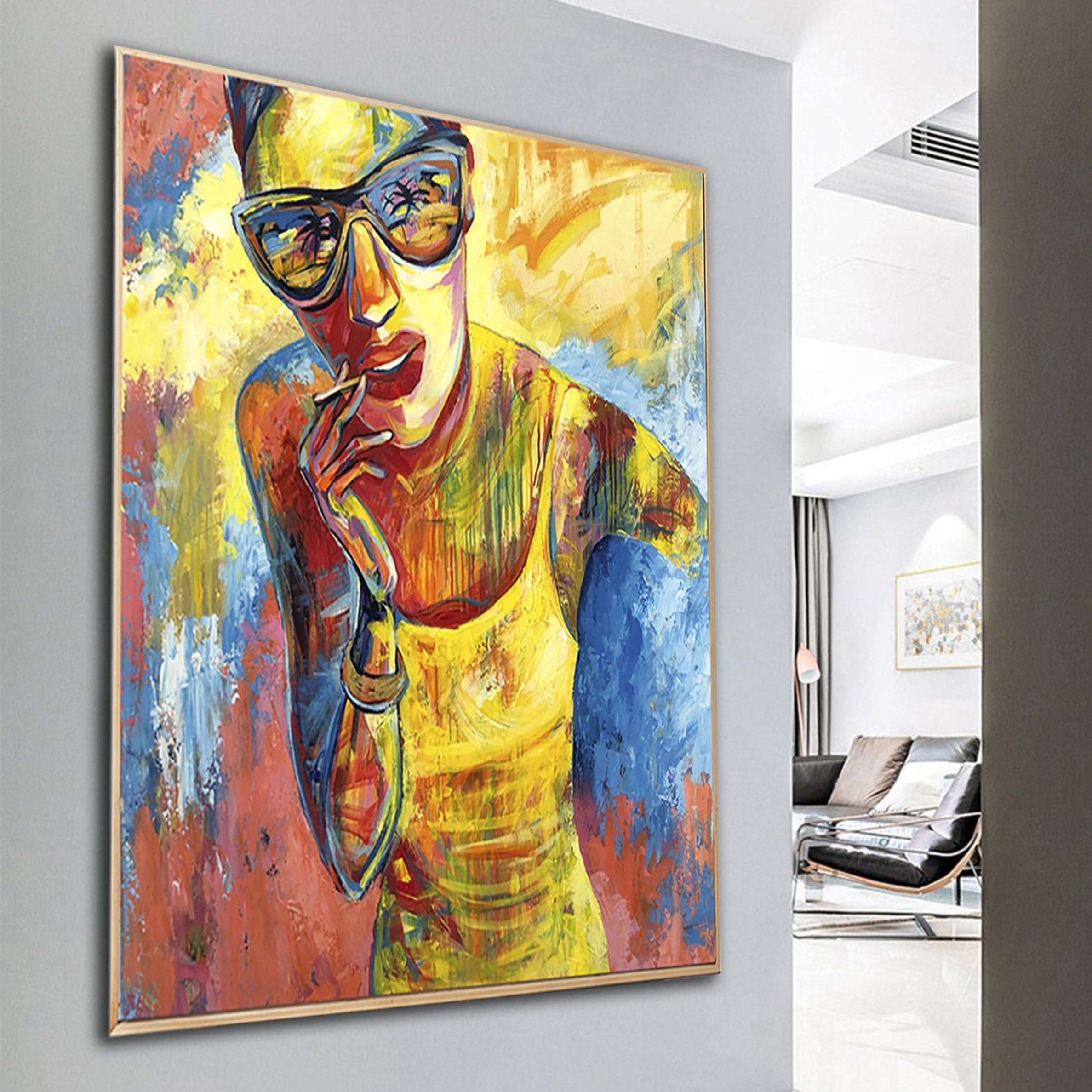 Original woman portrait painting SMOKING ON THE BEACH