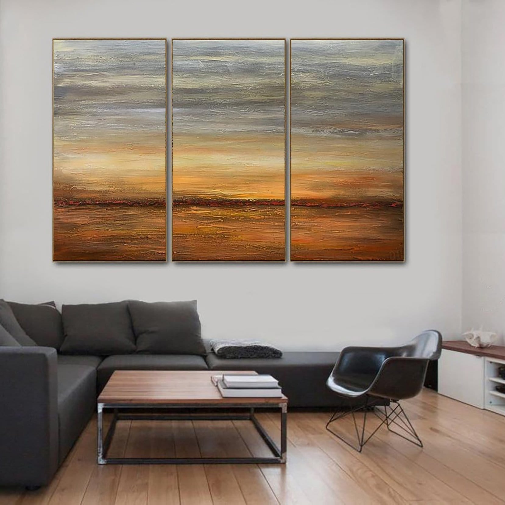 Original landscape set of 3 paintings ORANGE SUNSET