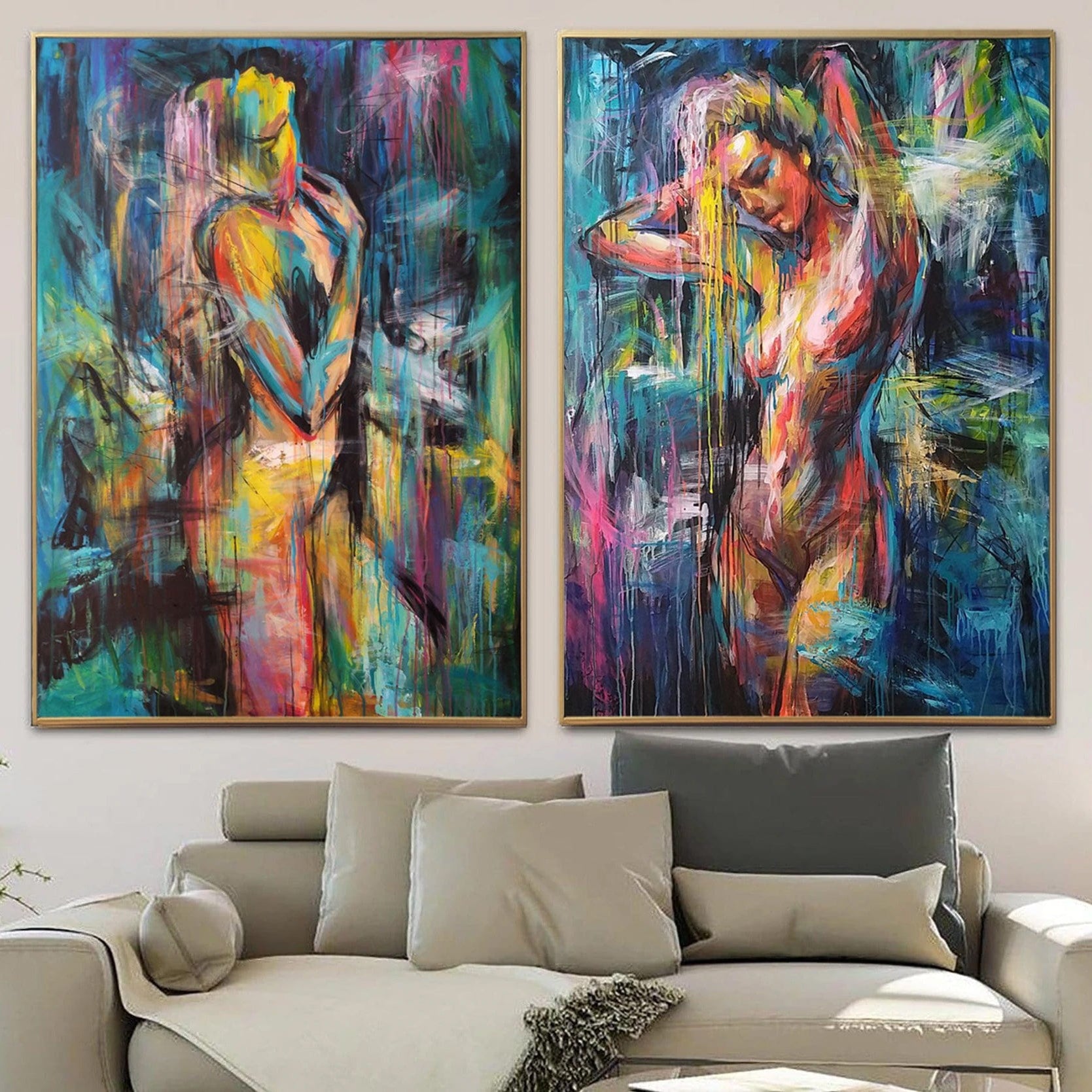 Abstract colorful figurative set paintings TWINS