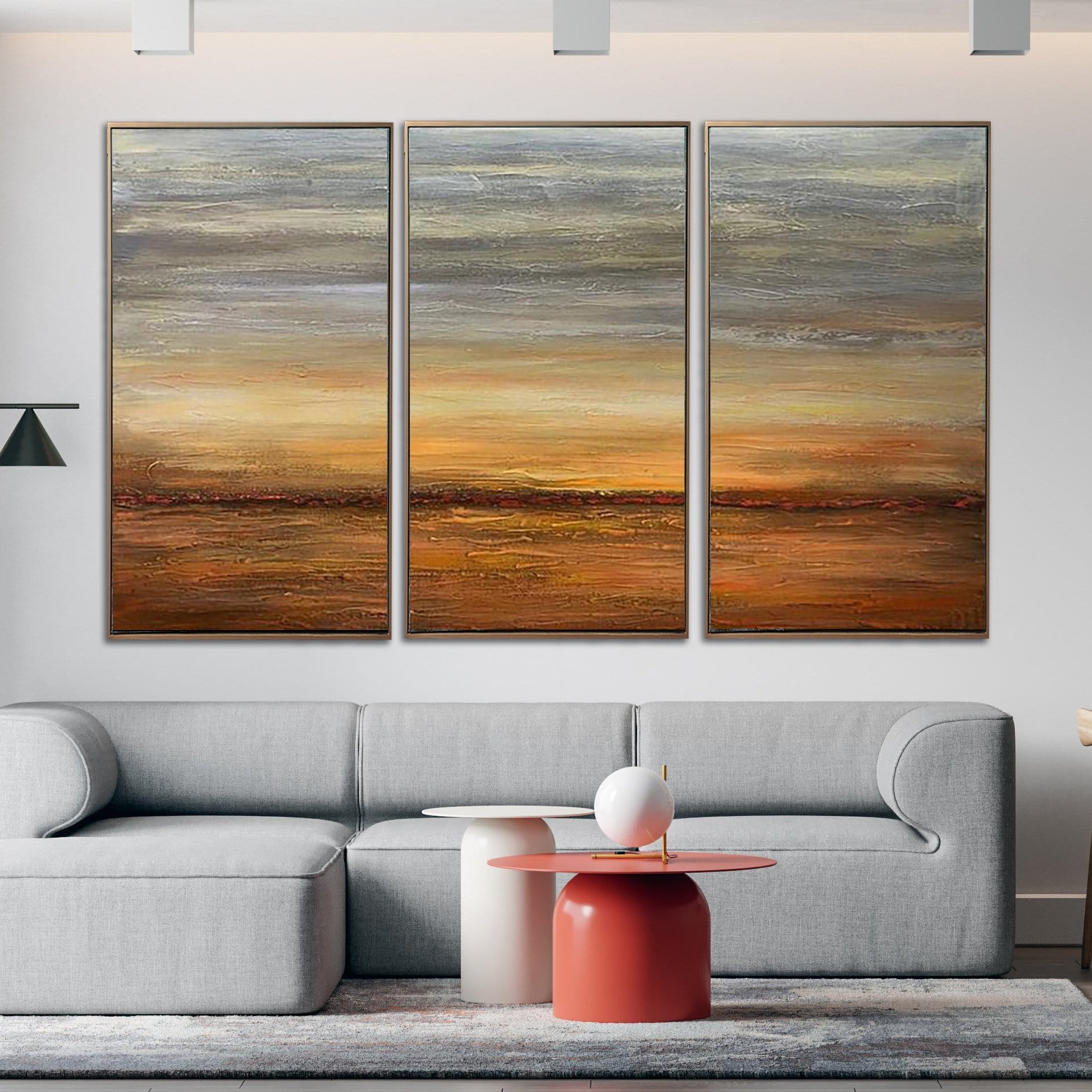 Original landscape set of 3 paintings ORANGE SUNSET