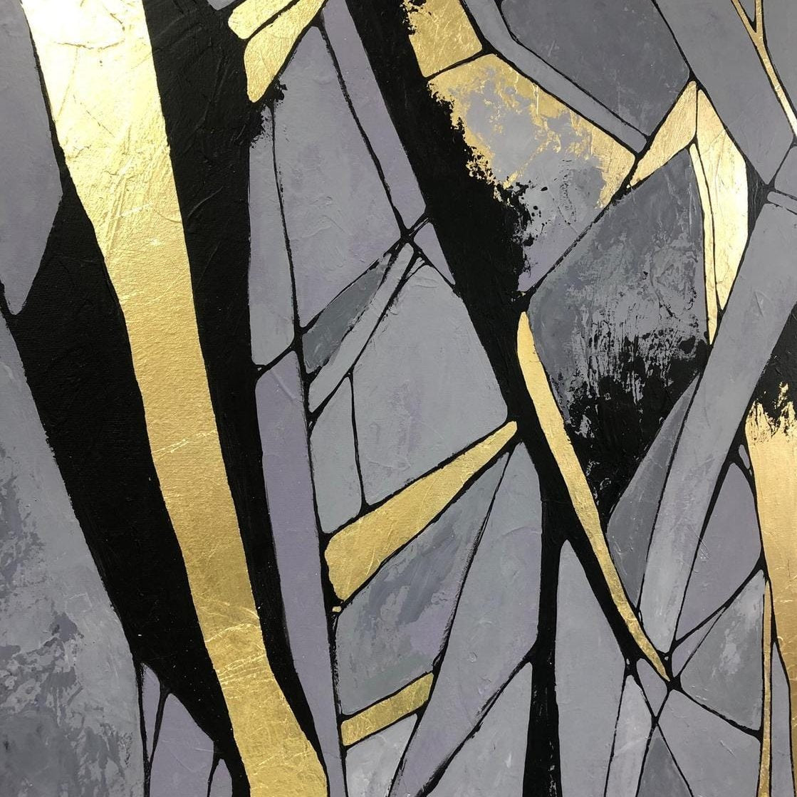 Abstract oil artwork gold leaf MIRROR BLOOM