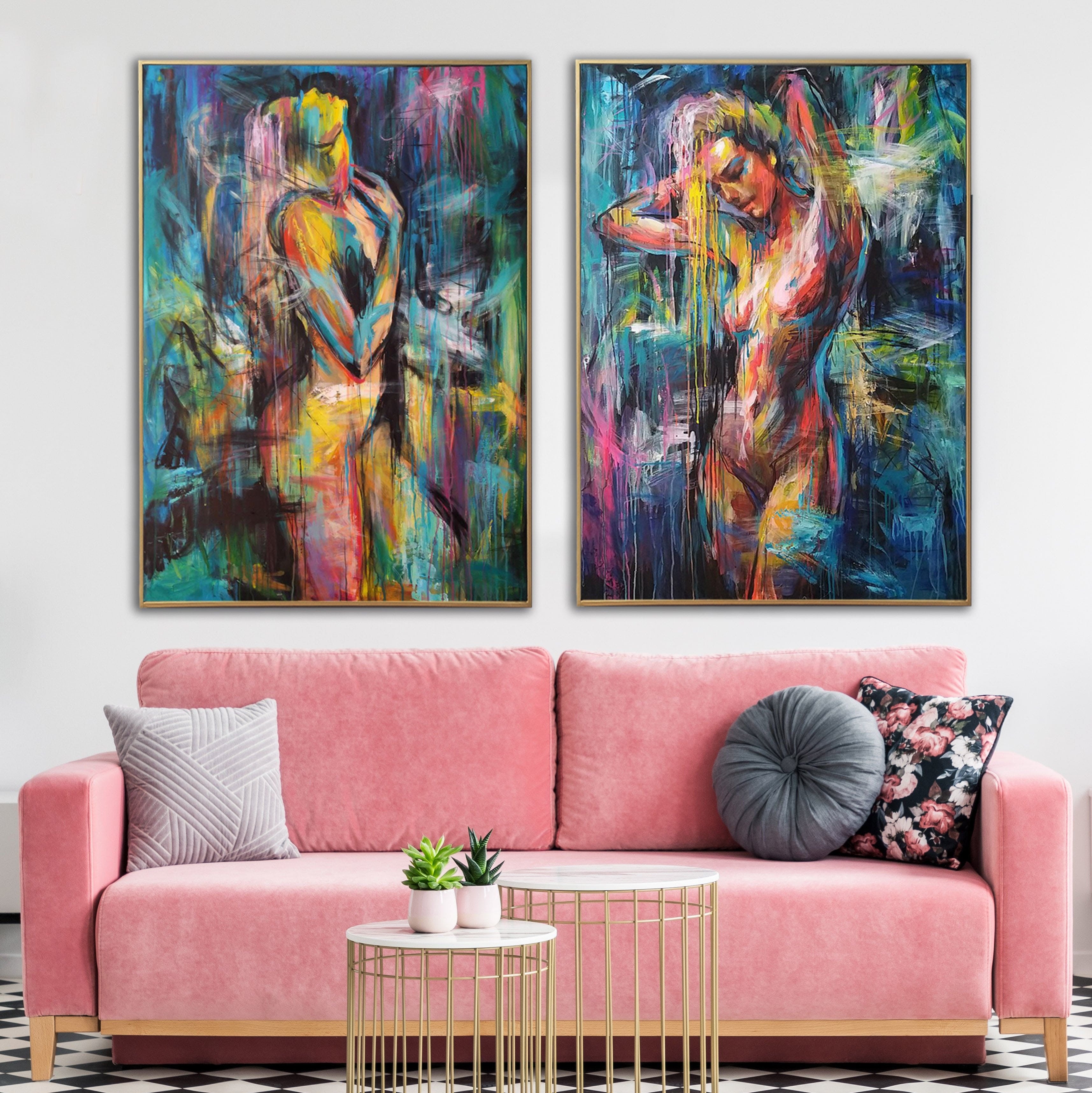Abstract colorful figurative set paintings TWINS