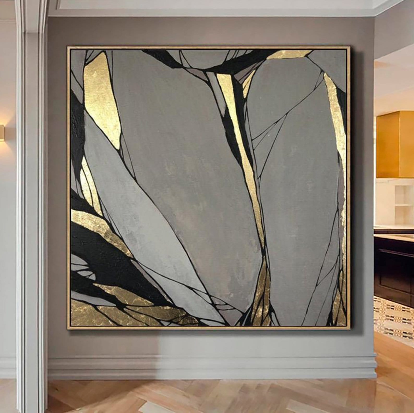 Abstract oil artwork gold leaf MIRROR BLOOM Unstretched