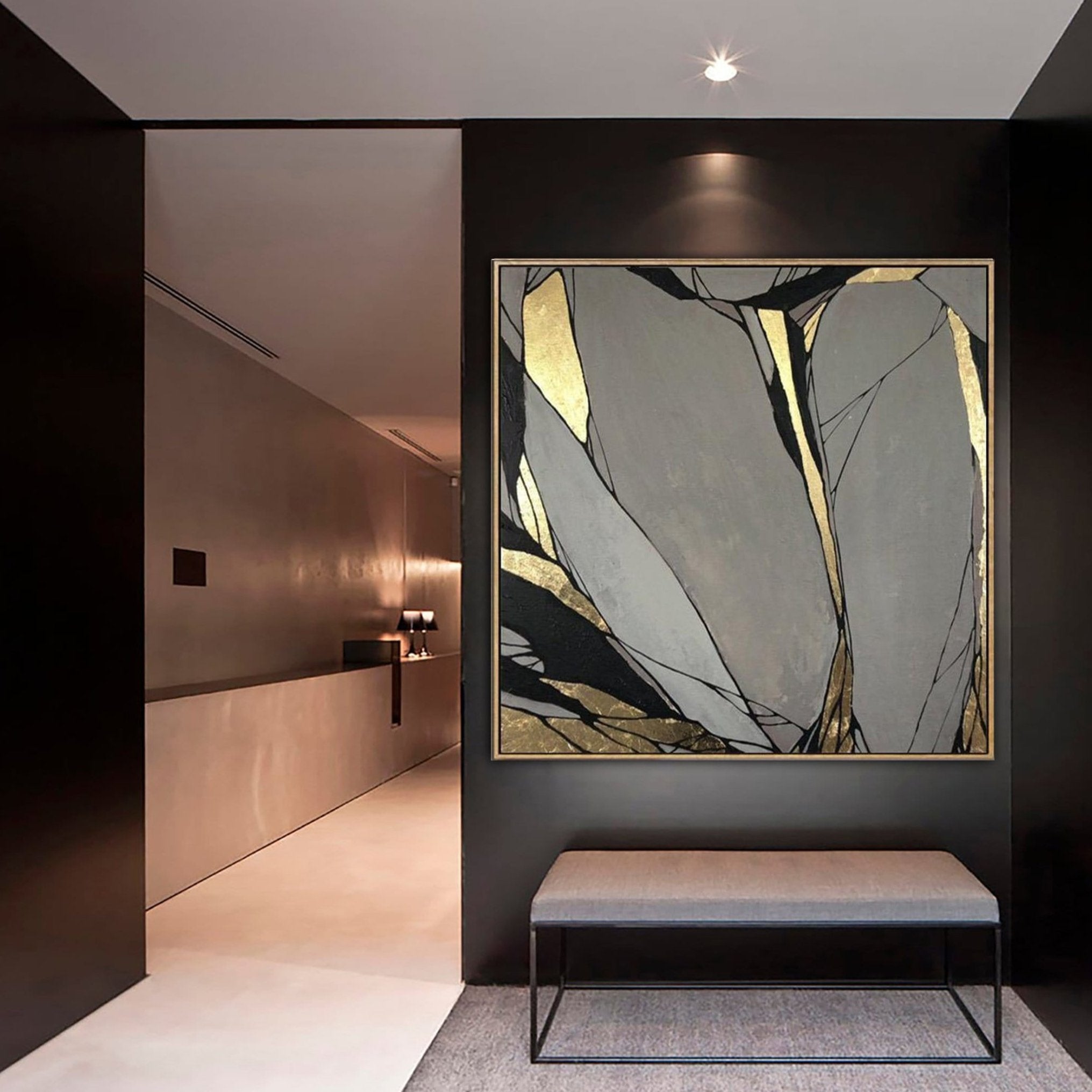 Abstract oil artwork gold leaf MIRROR BLOOM