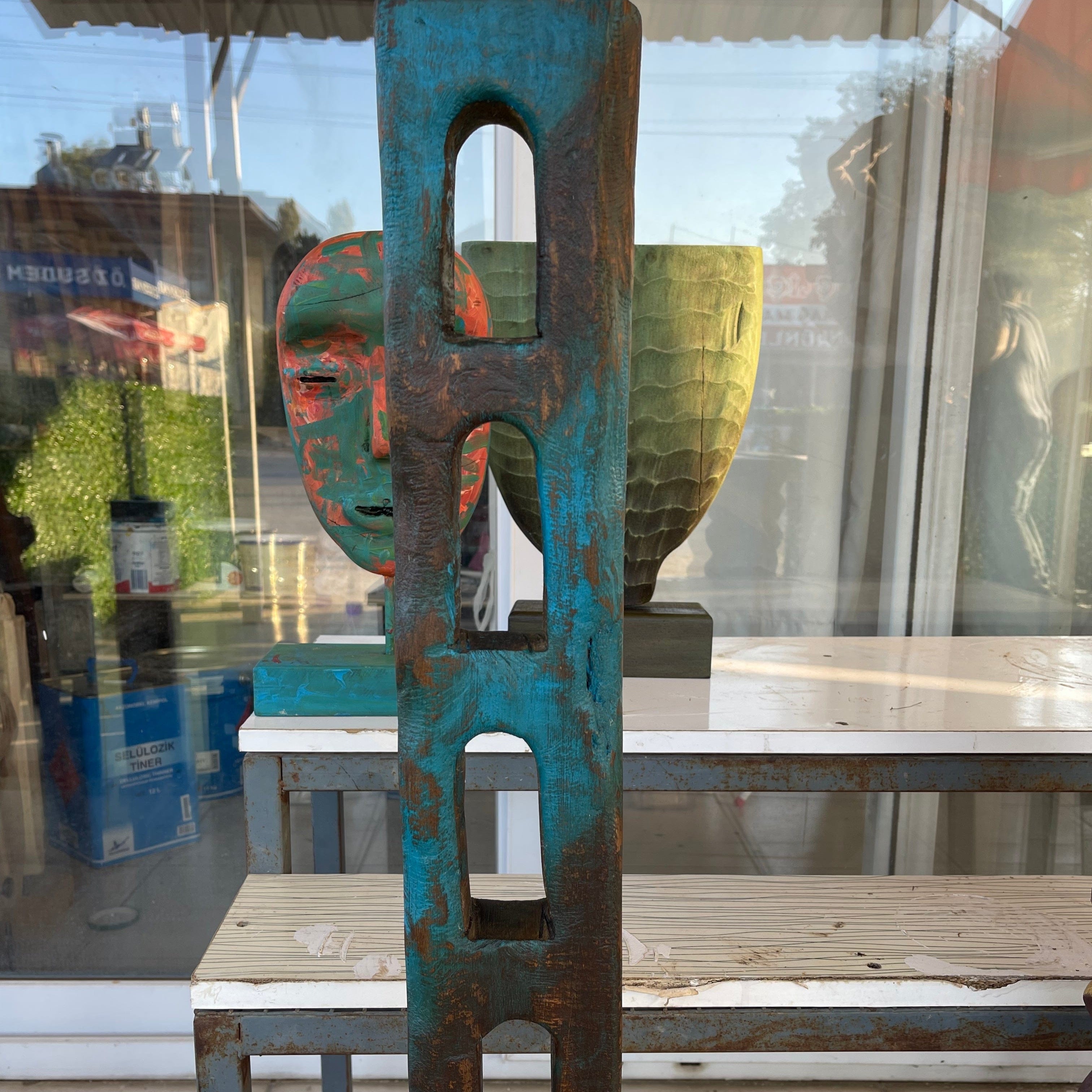 Modern Dark Blue Totem Original Hand Carved Table Decor Wood Sculpture Desktop Art for Home | COLOSSEUM 25.6"x4.3" - Trend Gallery Art | Original Abstract Paintings