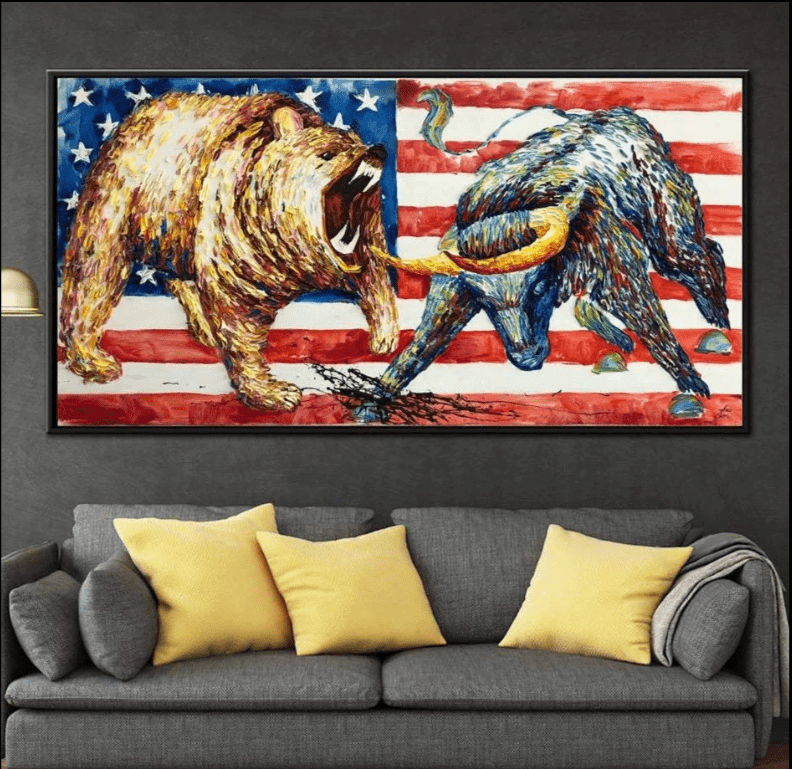 BULL VS BEAR painting 32 H x 60 W" + Black frame for Indira