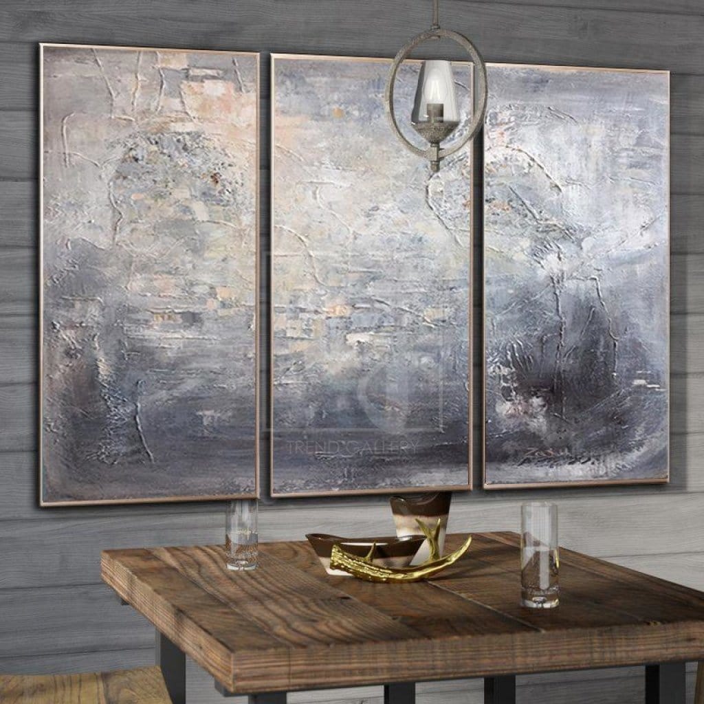 Large original set of 3 silver paintings SILVER REFLECTION