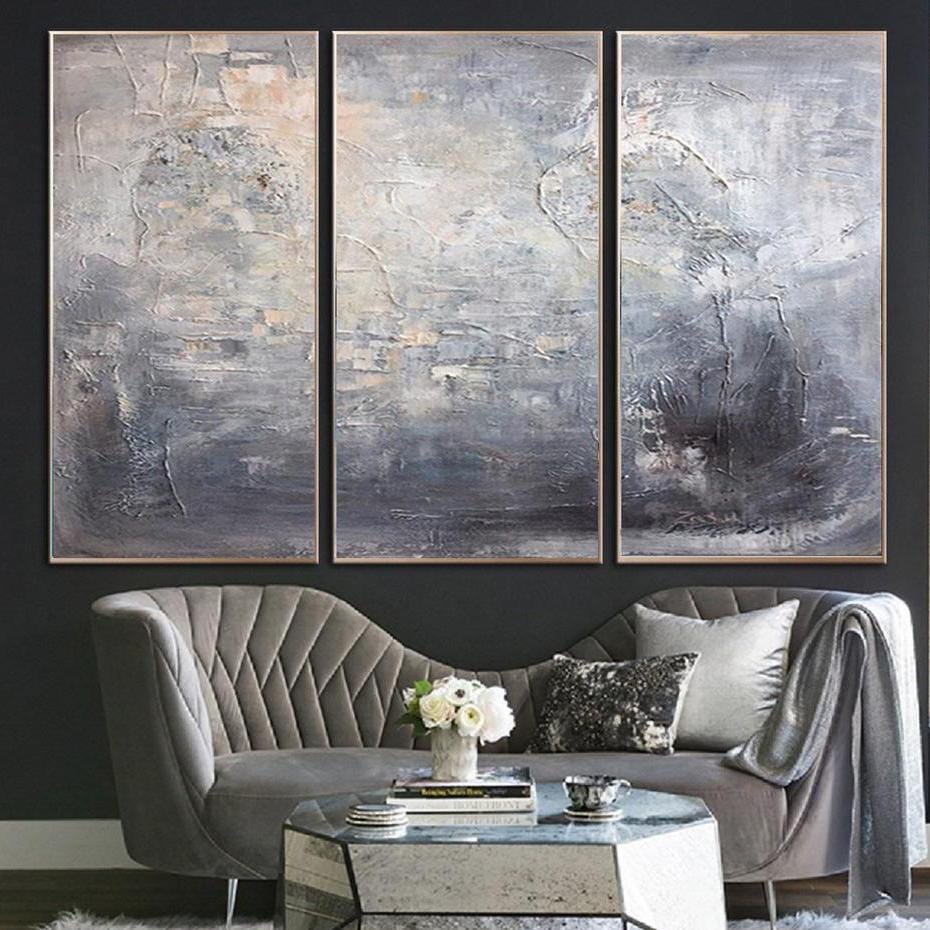 Large original set of 3 silver paintings SILVER REFLECTION