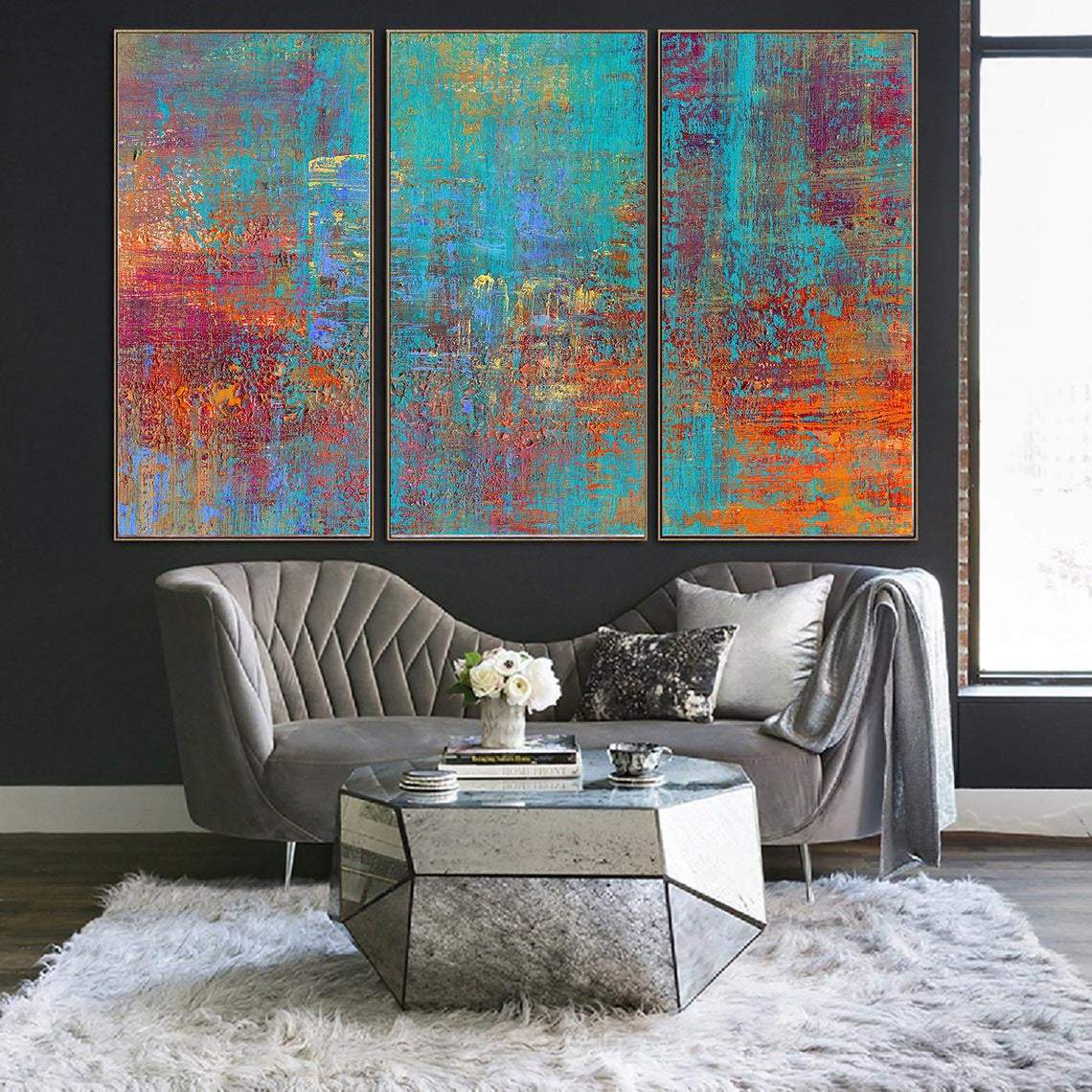 Vibrant original textured triptych art RIOT OF COLORS