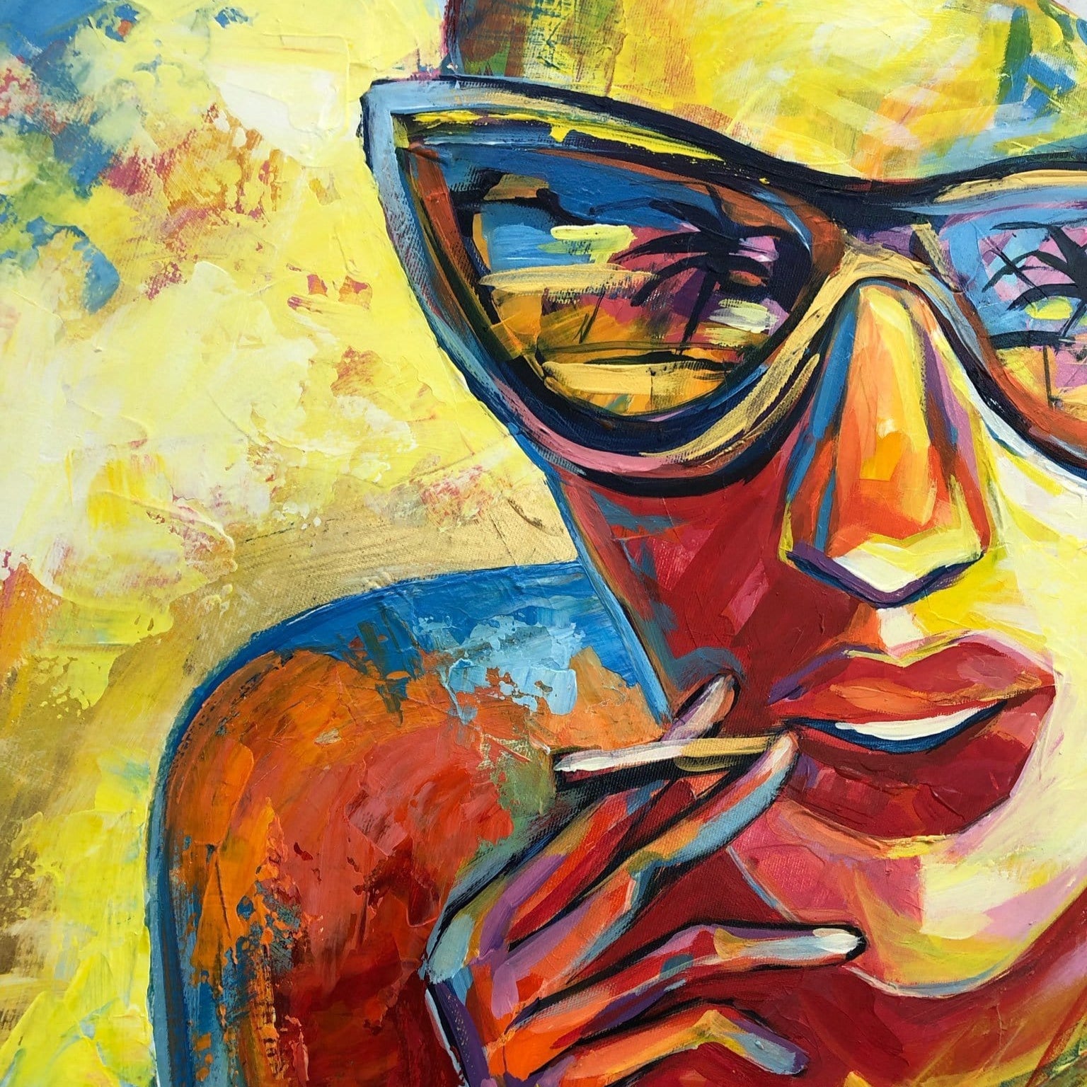 Original woman portrait painting SMOKING ON THE BEACH