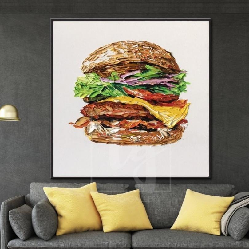 Abstract food painting BEEF AND BUN 32"x32" | 81x81 cm