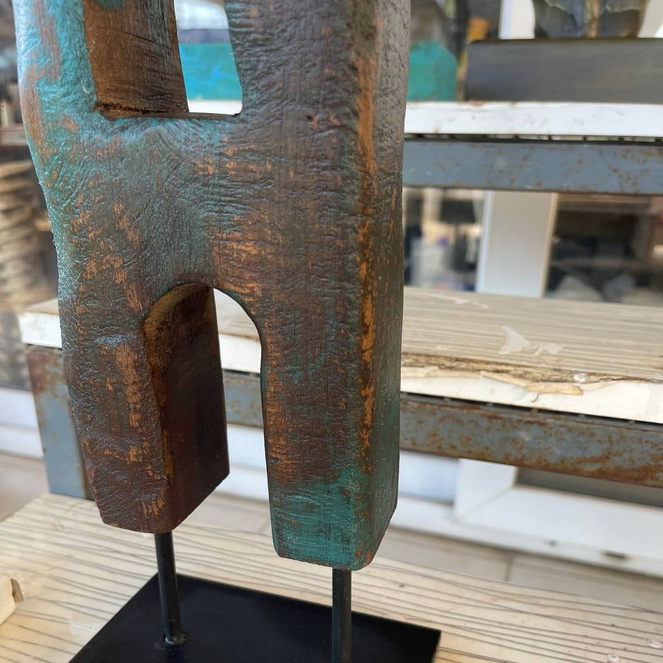 Modern Dark Blue Totem Original Hand Carved Table Decor Wood Sculpture Desktop Art for Home | COLOSSEUM 25.6"x4.3" - Trend Gallery Art | Original Abstract Paintings