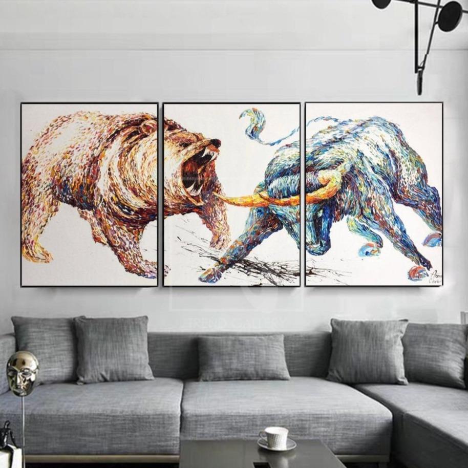BULL VS BEAR 3P 114"x261" | 3P 290x663 cm Stretched + White Frame