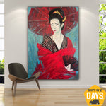 Original Woman Acrylic Painting Geisha In Red With Umbrella Abstract Feng Shui Decor for Bedroom | GEISHA WITH UMBRELLA 64"x48"