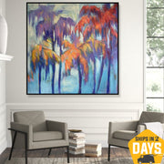 Abstract Palm Oil Painting Colorful Palm Trees Wall Hanging Artwork Original Decor for Home | PALM BEACH 46"x46"