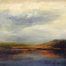 a painting of a lake with a sky in the background