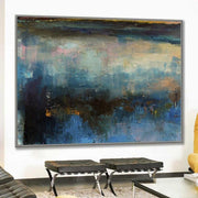 لوحة زيتية كبيرة قماشية أصلية باللون الأزرق الداكن لوحة جدارية سوداء لوحة أكريليك | SEA KINGDOM
