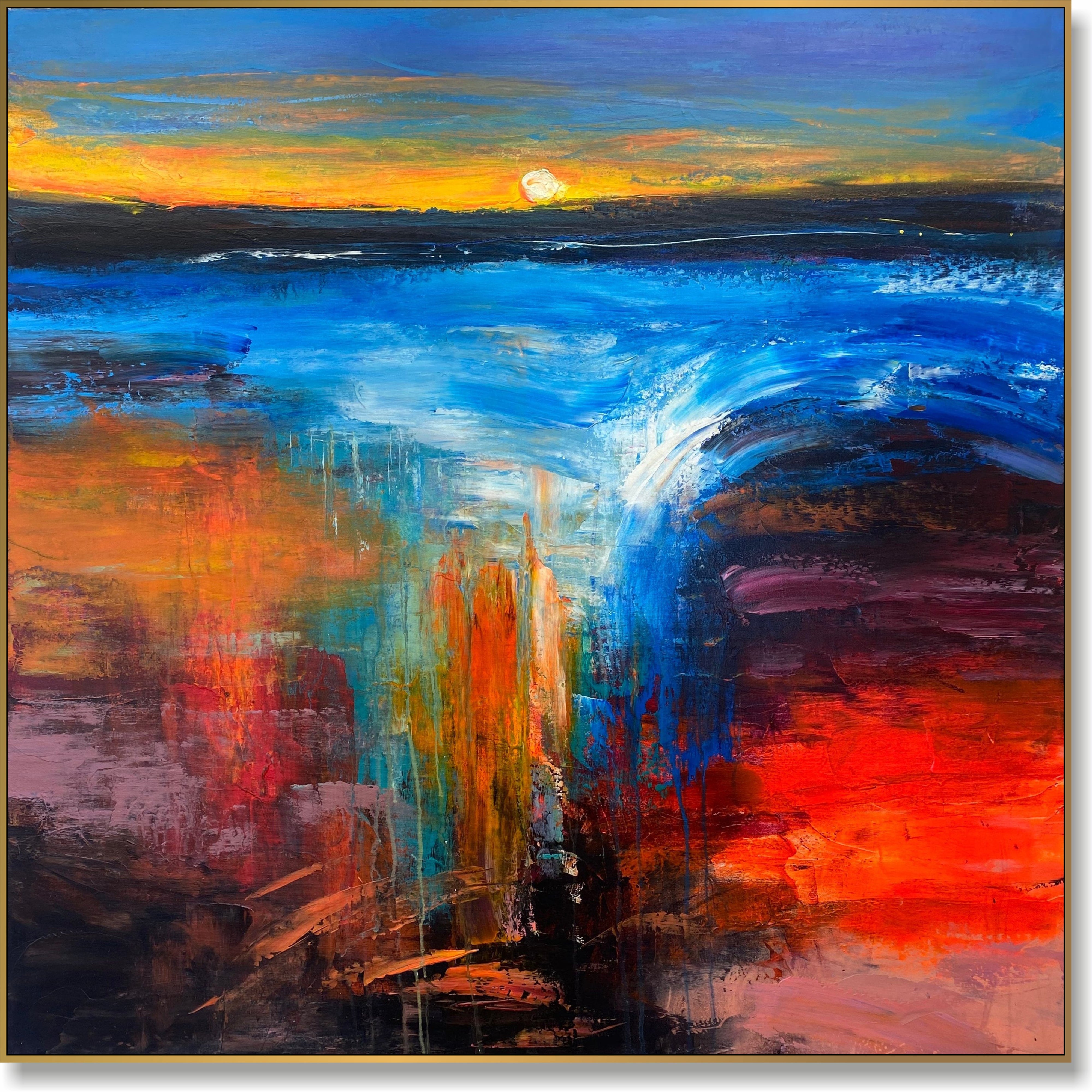 Huge Sunset Ocean Abstract Art – Modern Textured Colorful Seascape